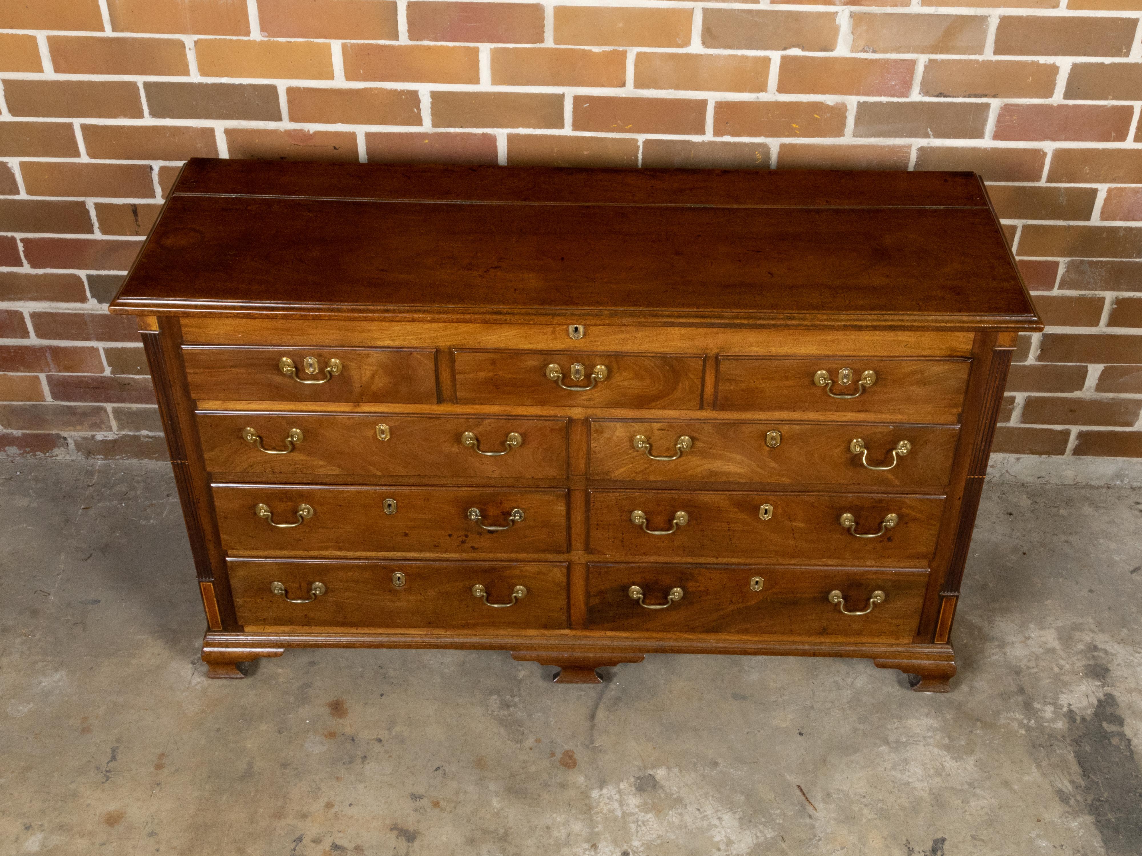 Inlay English Walnut 19th Century Flip Top Sideboard with Drawers and Brass Hardware For Sale