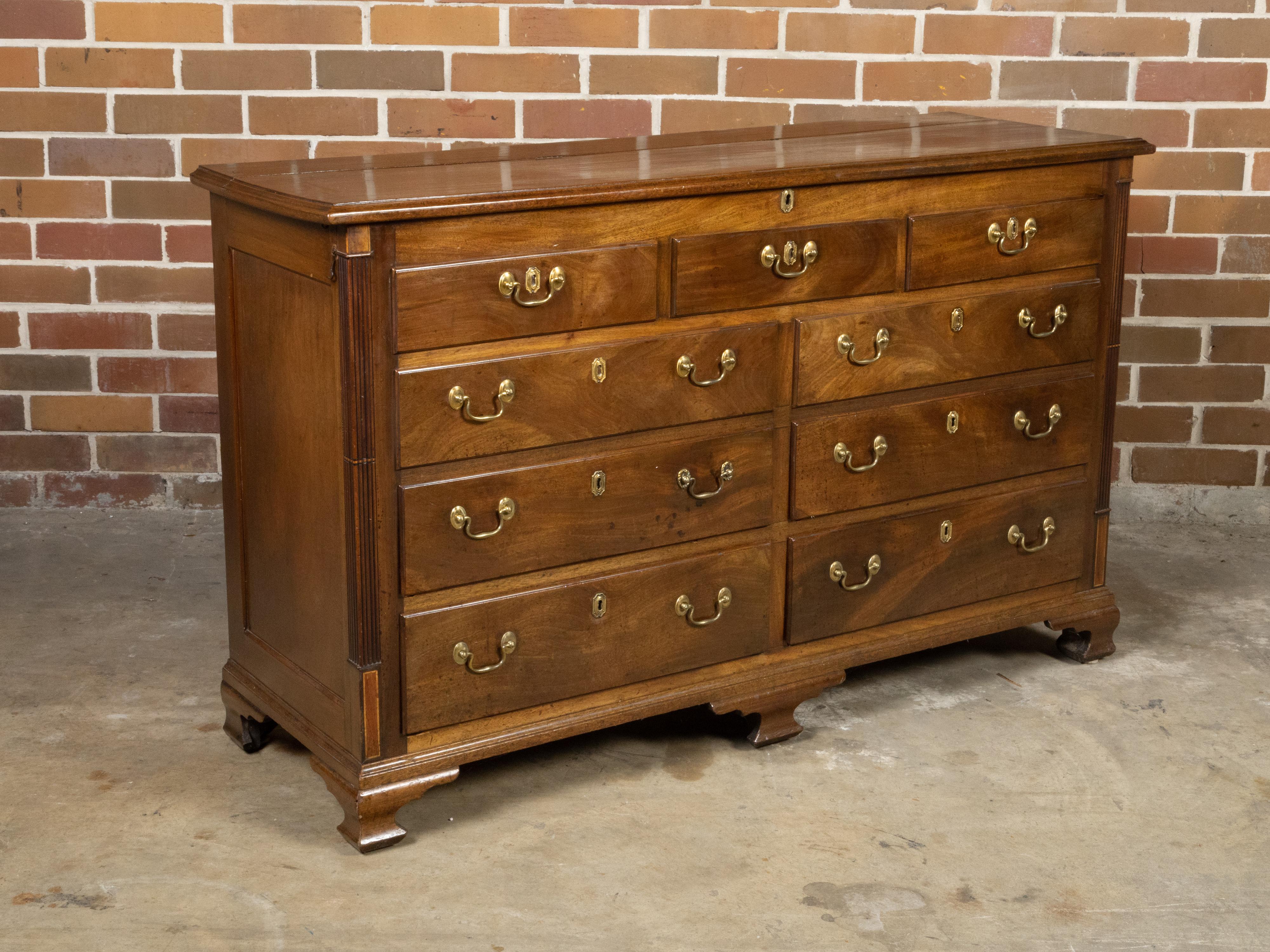 English Walnut 19th Century Flip Top Sideboard with Drawers and Brass Hardware For Sale 1