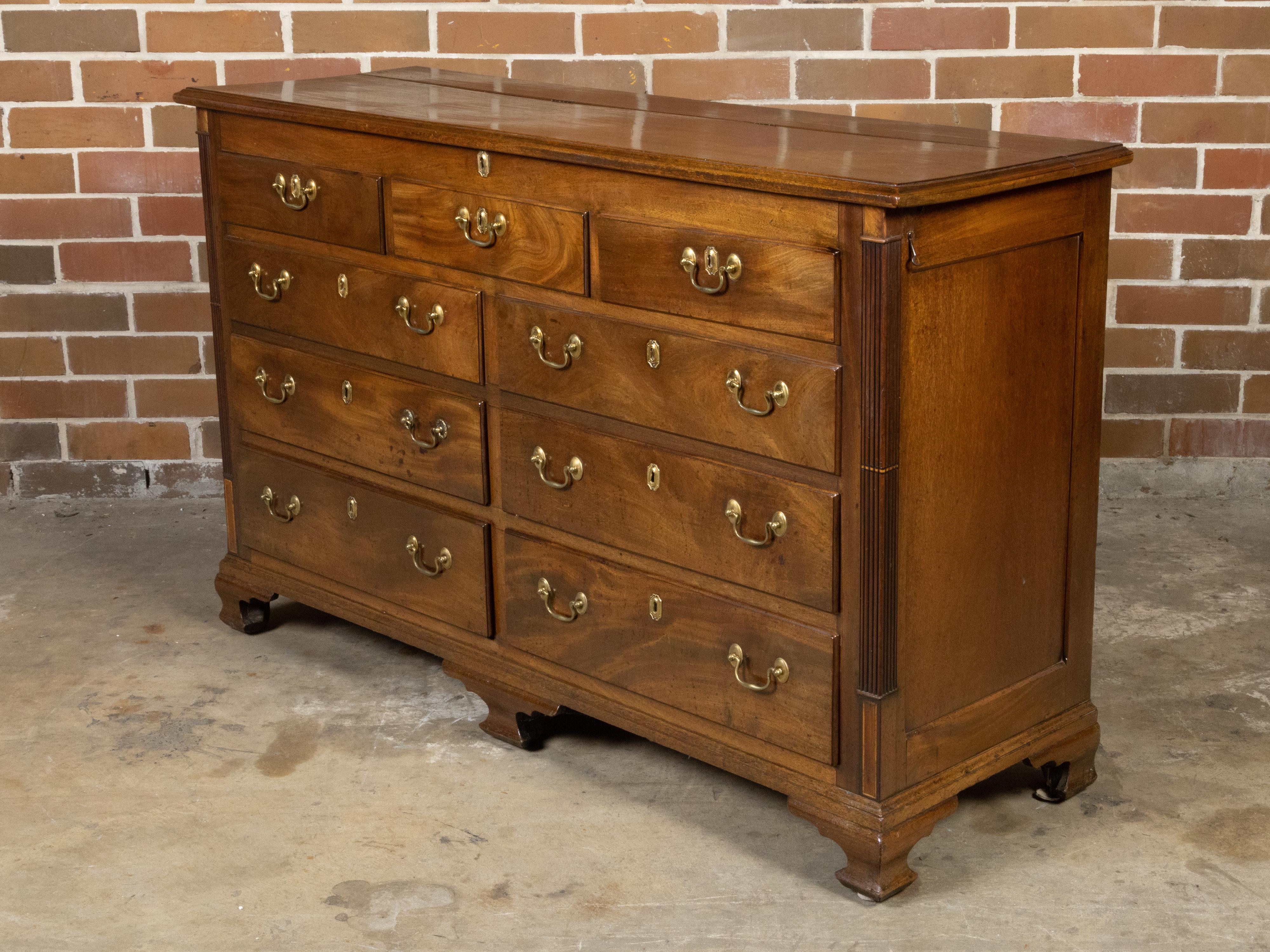 English Walnut 19th Century Flip Top Sideboard with Drawers and Brass Hardware For Sale 5