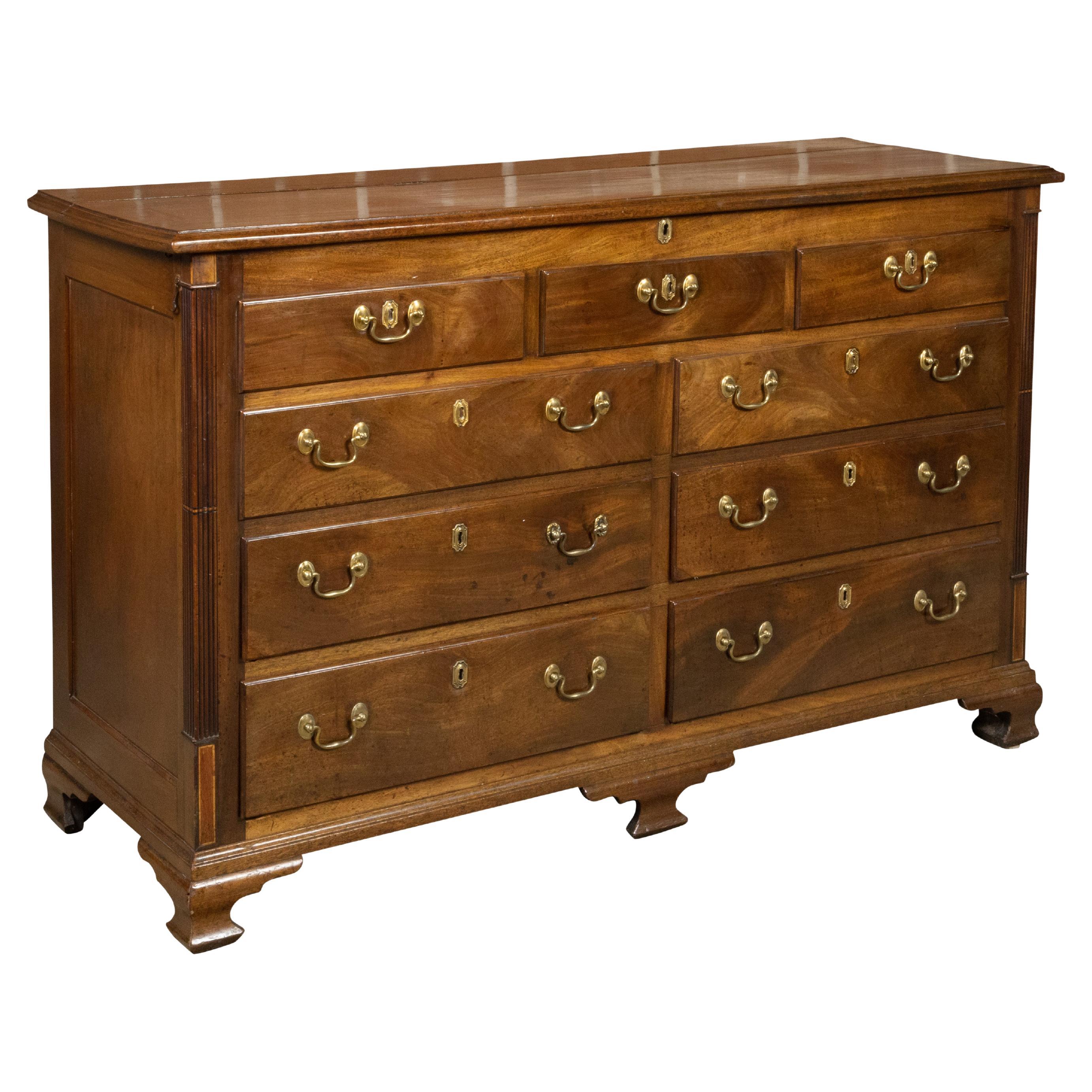 English Walnut 19th Century Flip Top Sideboard with Drawers and Brass Hardware