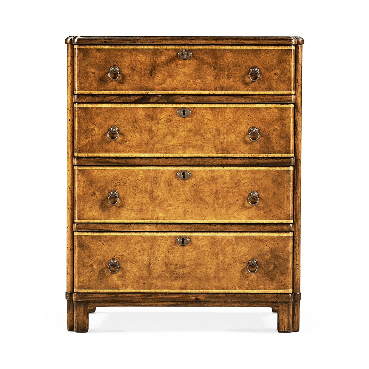 Practical chest of graduated drawers with a gently rounded profile to the front, decorative camphor wood veneers and crossbanding and patinated brass ring handles. Based on a Victorian original of c.1870.

Dimensions: 23.5