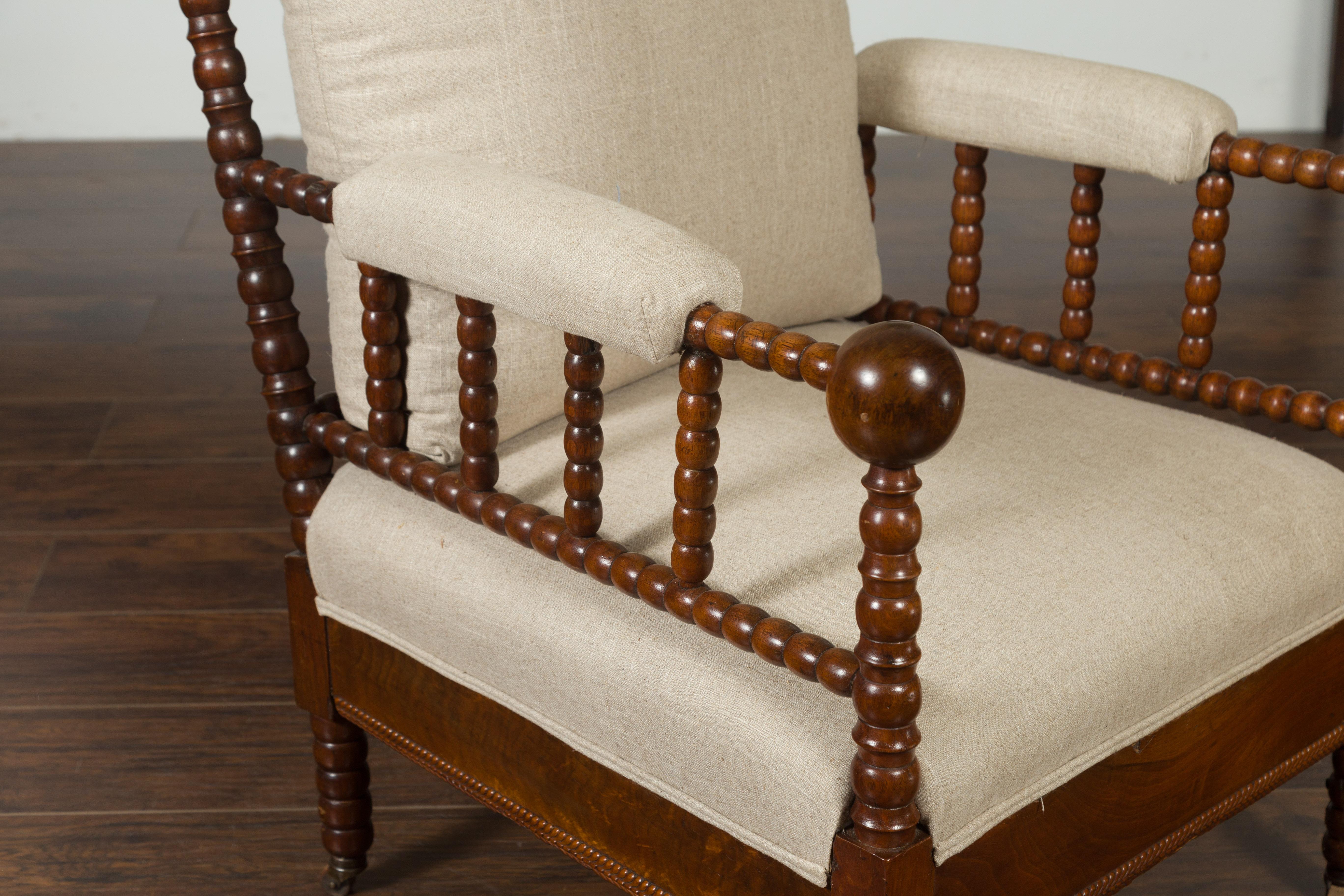 English Walnut Bobbin Armchair with New Upholstery and Casters, circa 1920 1