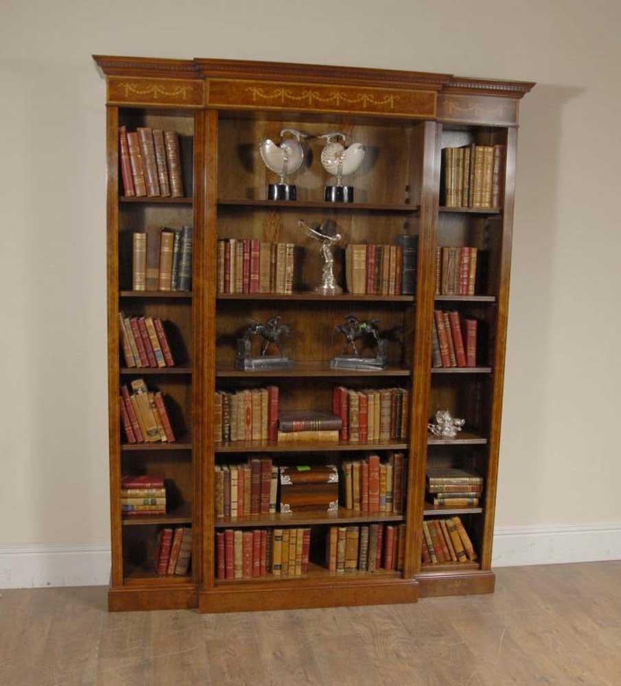 Late 20th Century English Walnut Breakfront Bookcase Sheraton Regency For Sale