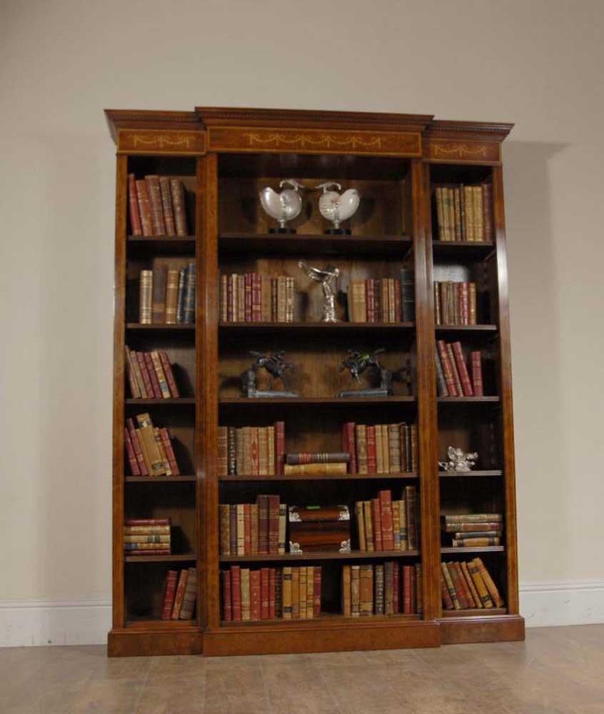 English Walnut Breakfront Bookcase Sheraton Regency For Sale 1