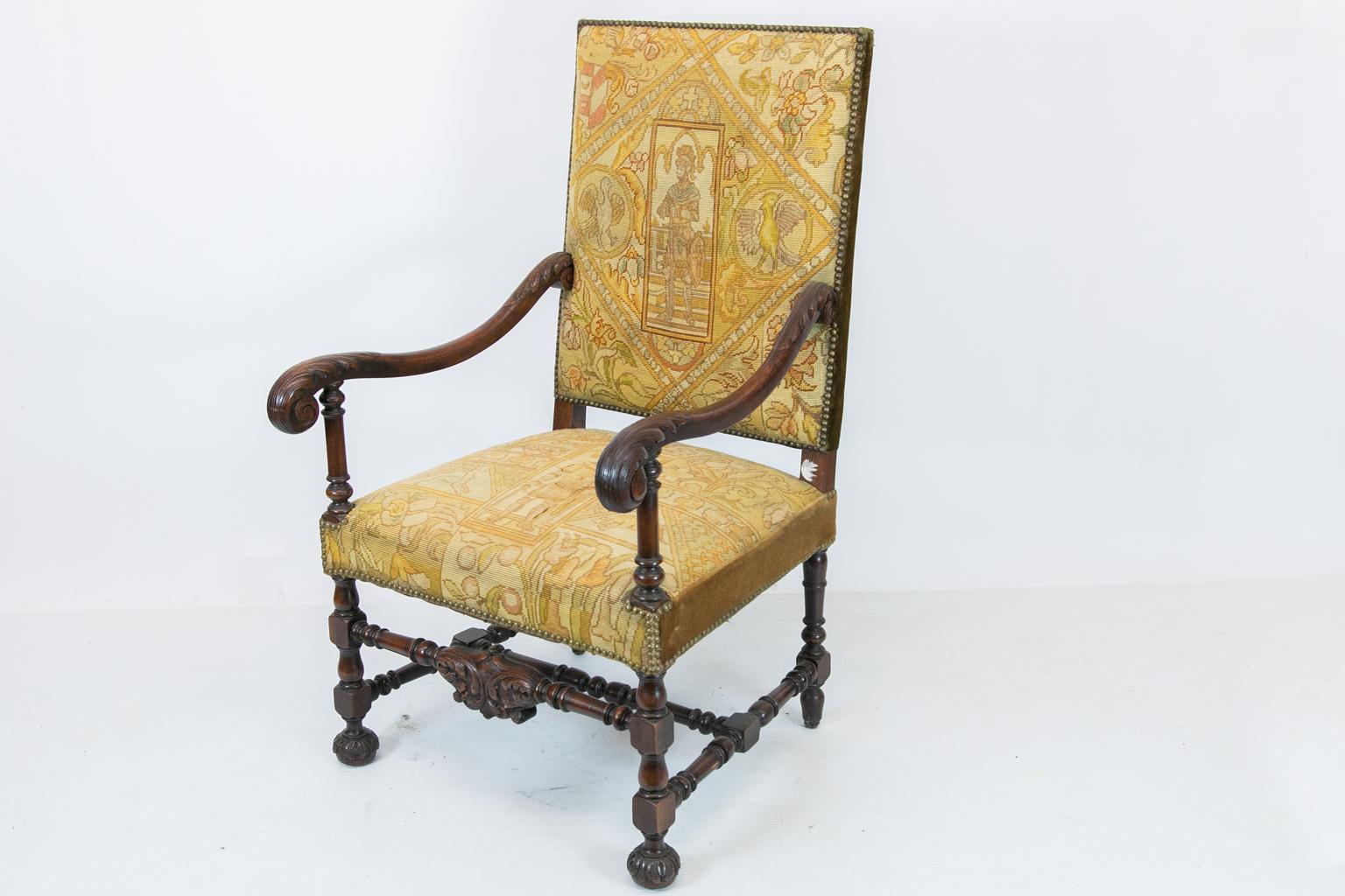 English Walnut Carved Needlework Armchair For Sale 4