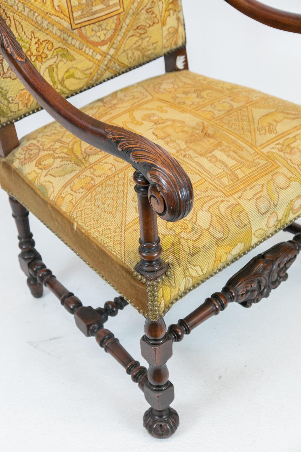 English Walnut Carved Needlework Armchair For Sale 7