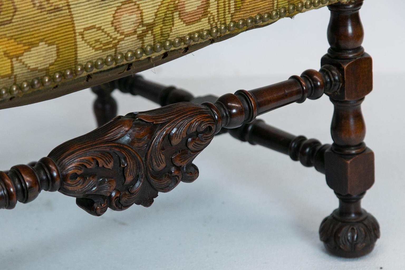 English Walnut Carved Needlework Armchair For Sale 8