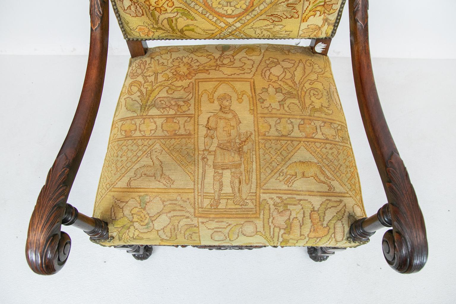 Hand-Carved English Walnut Carved Needlework Armchair For Sale
