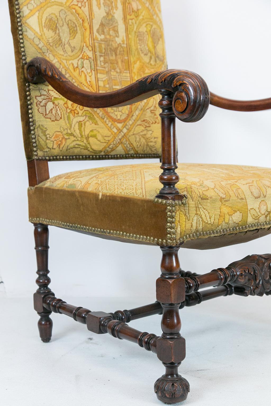 English Walnut Carved Needlework Armchair For Sale 1