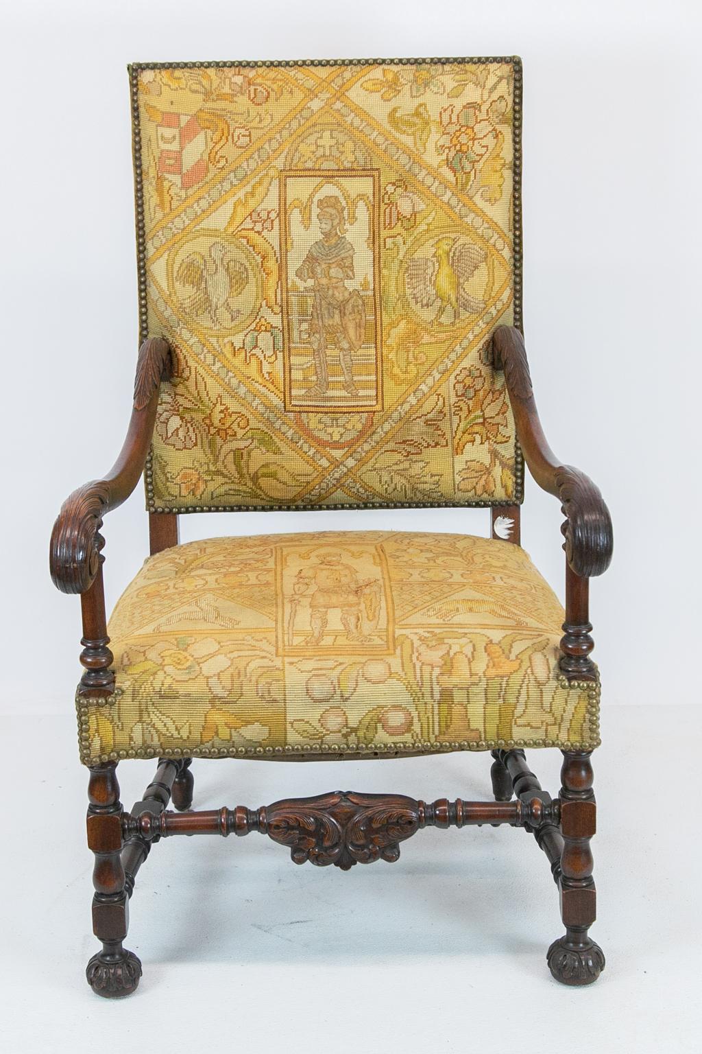 English Walnut Carved Needlework Armchair For Sale 3