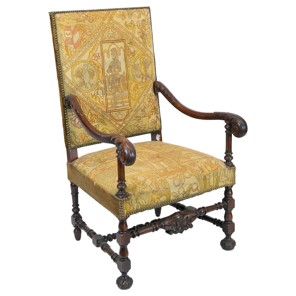 English Walnut Carved Needlework Armchair For Sale