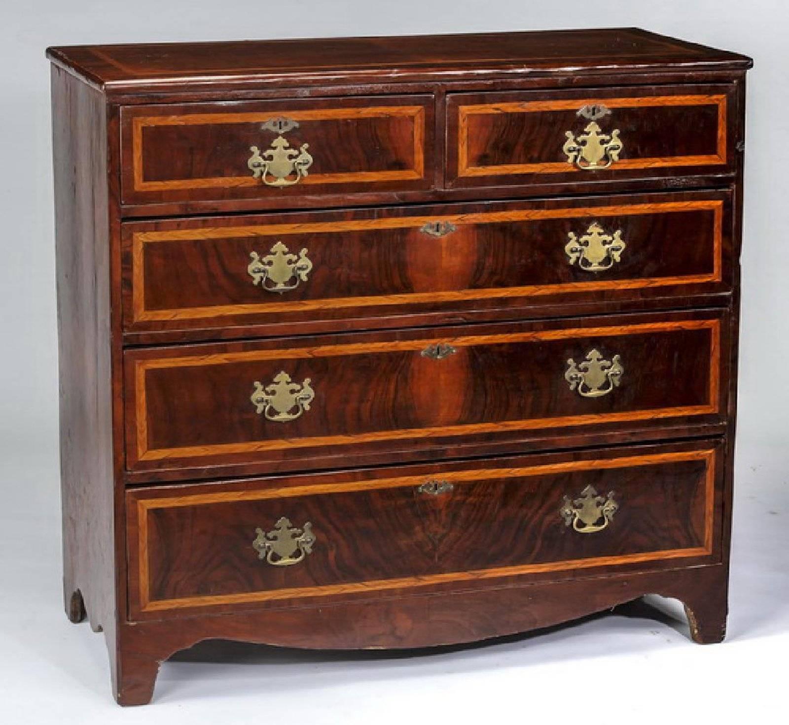 English walnut chest of drawers with stain wood banding on top and drawers, circa 1820, burl walnut with unusual satin wood banding. Beautiful golden color with nice finish, Chippendale pulls and escutcheons, original feet.