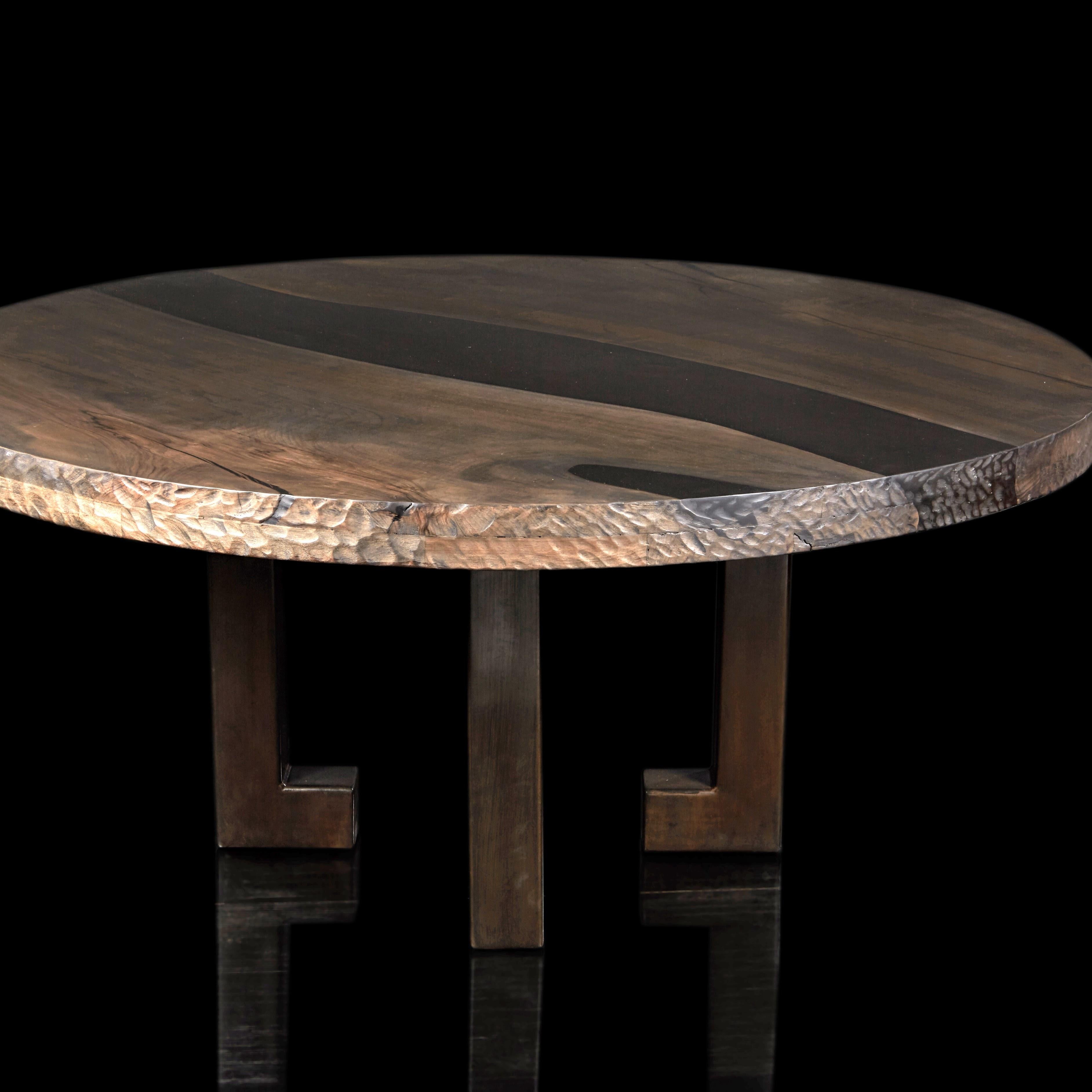 Modern Bronze Leg and English Walnut Round Table. by Jonathan Field.