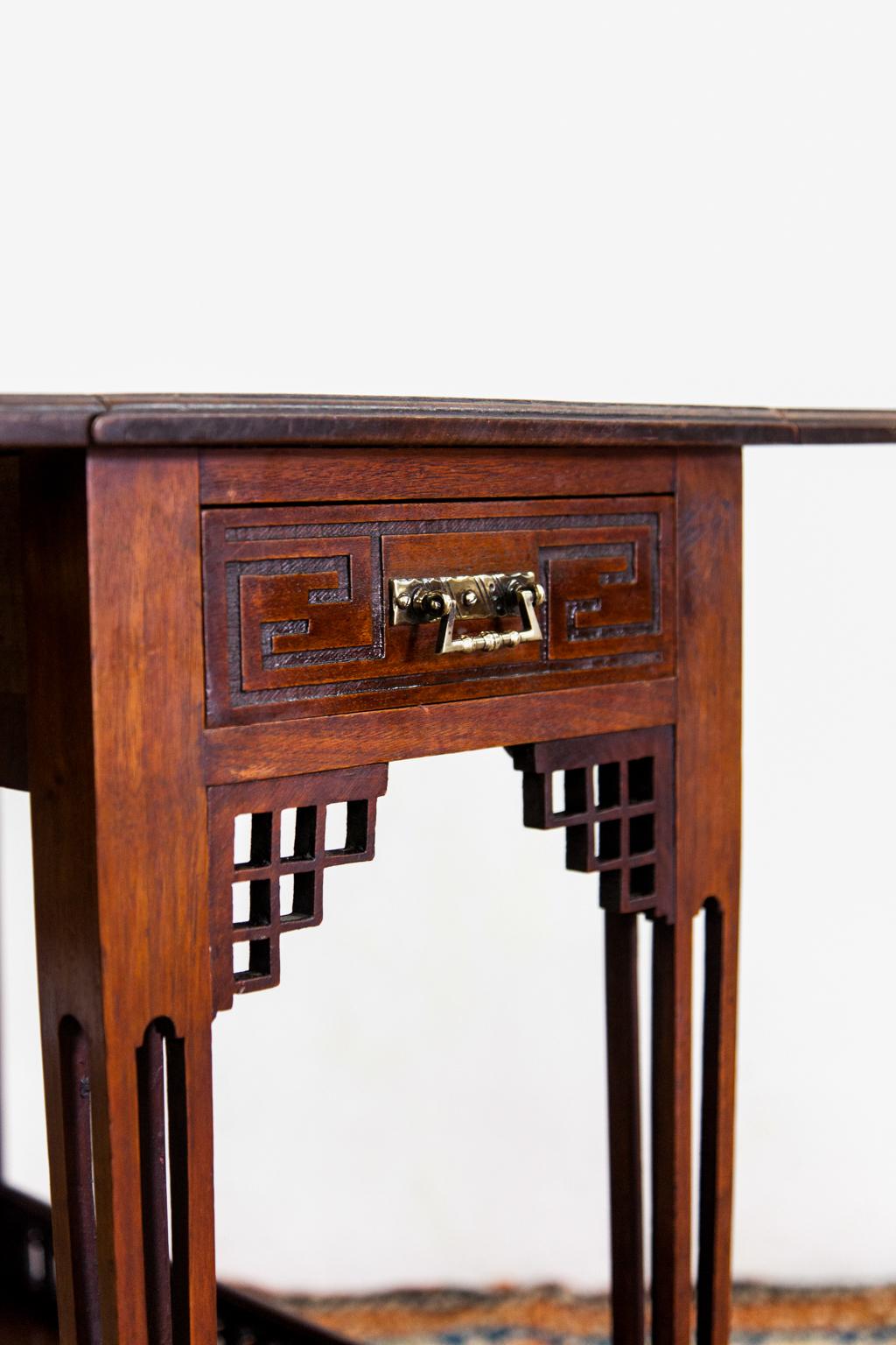 Hand-Carved English Walnut Fretwork Gallery Drop Leaf Table For Sale