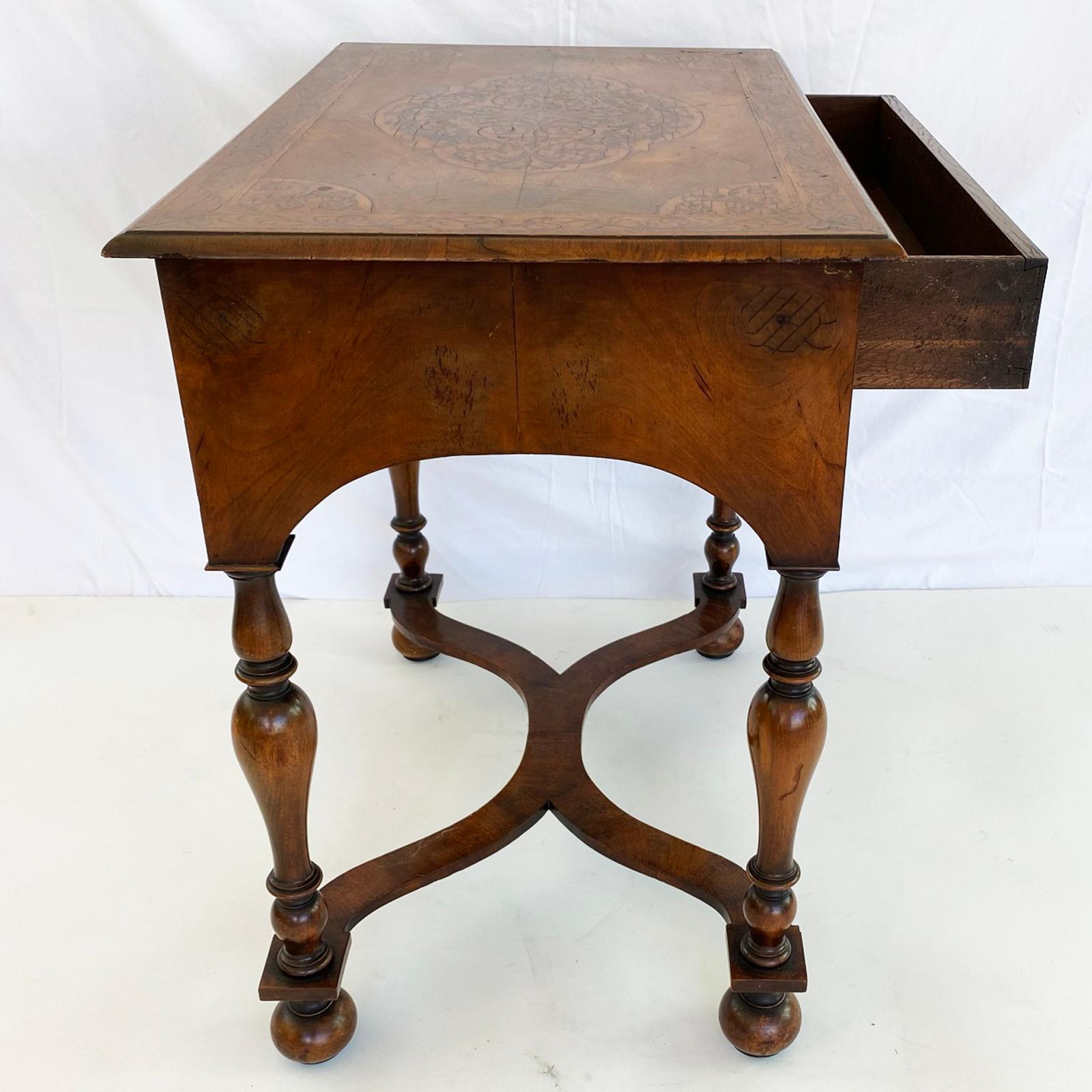 British English Walnut Lowboy with Seaweed Marquetry Inlay and Cross Banded Top