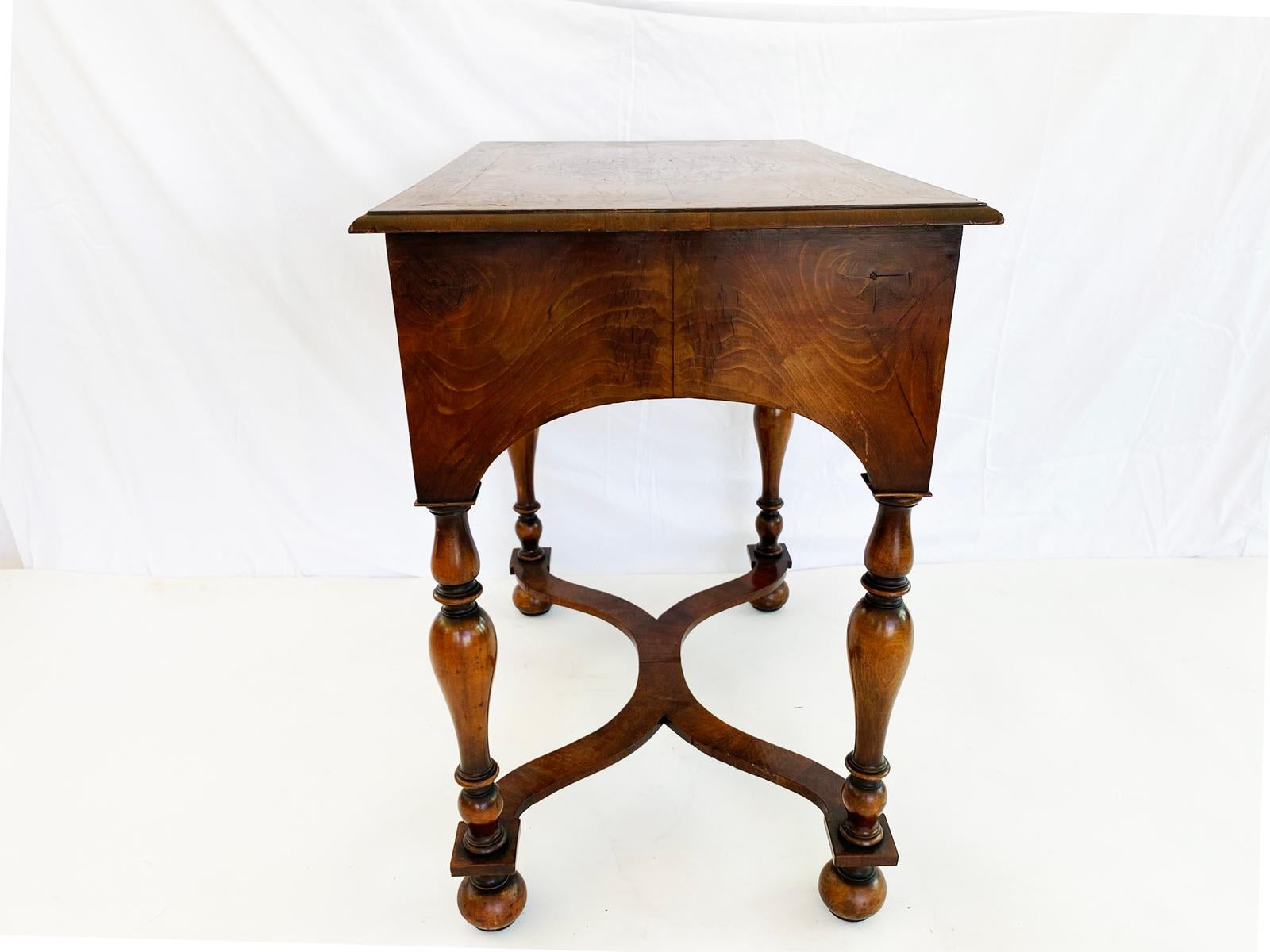 English Walnut Lowboy with Seaweed Marquetry Inlay and Cross Banded Top 1