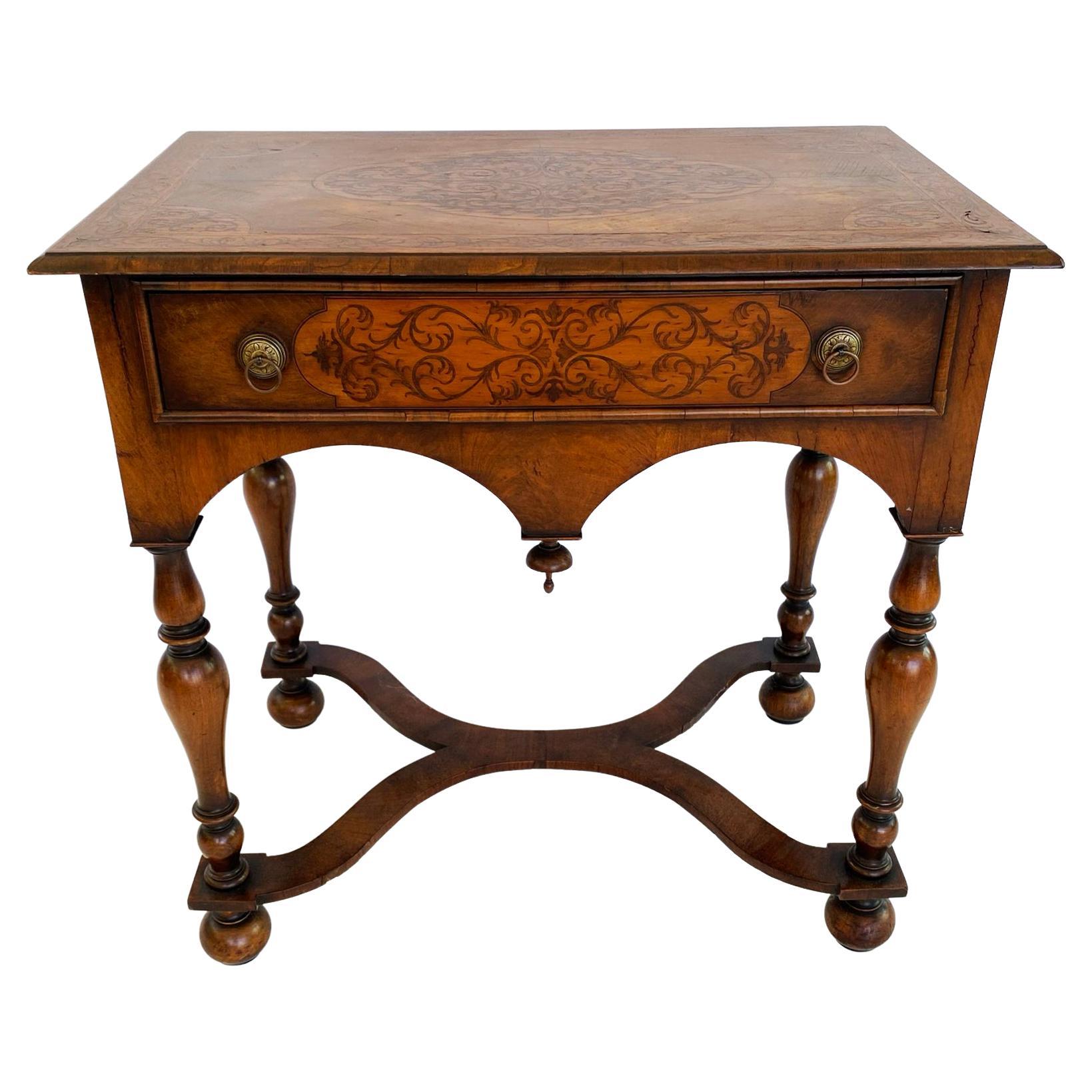 English Walnut Lowboy with Seaweed Marquetry Inlay and Cross Banded Top