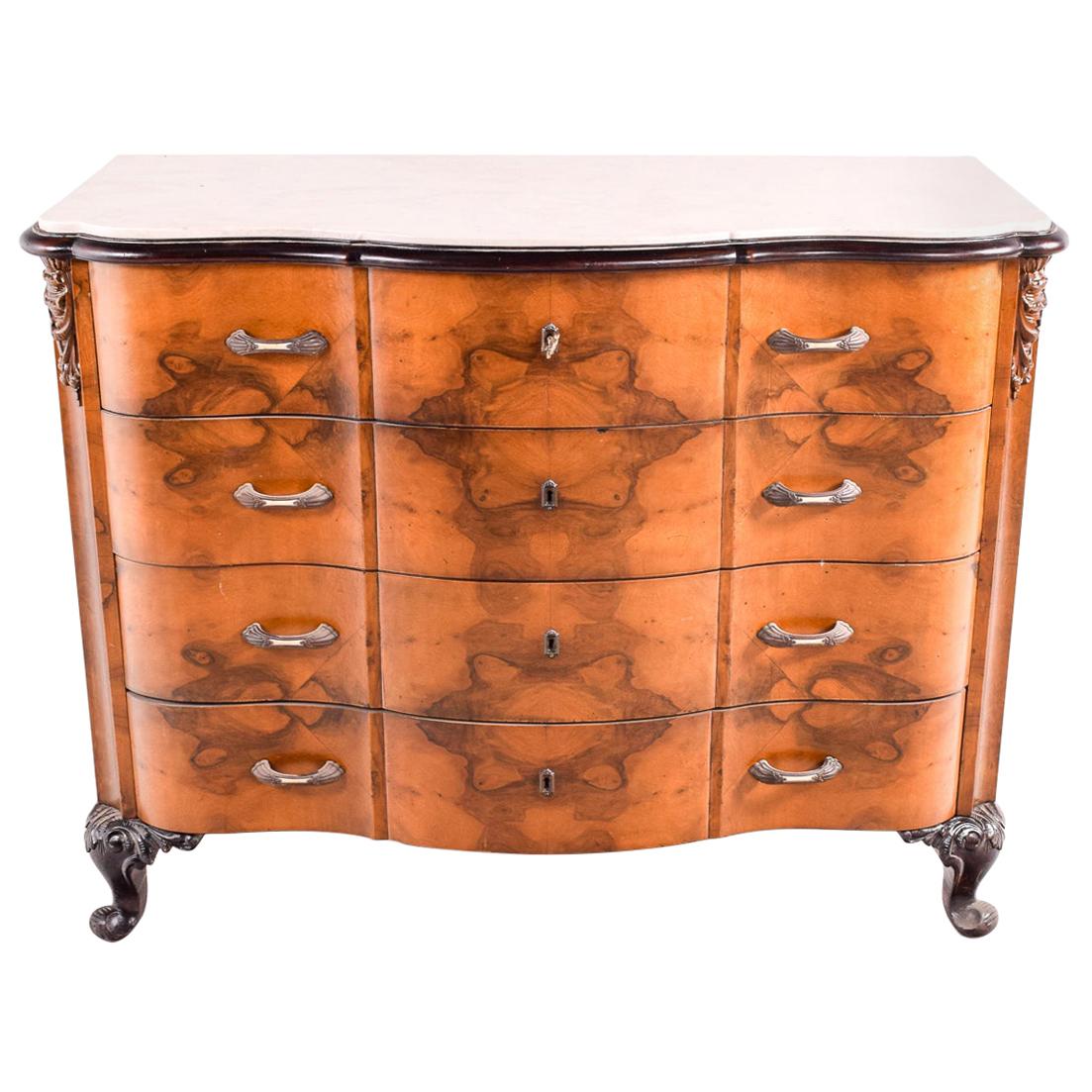 English Walnut Marble-Top Serpentine Commode