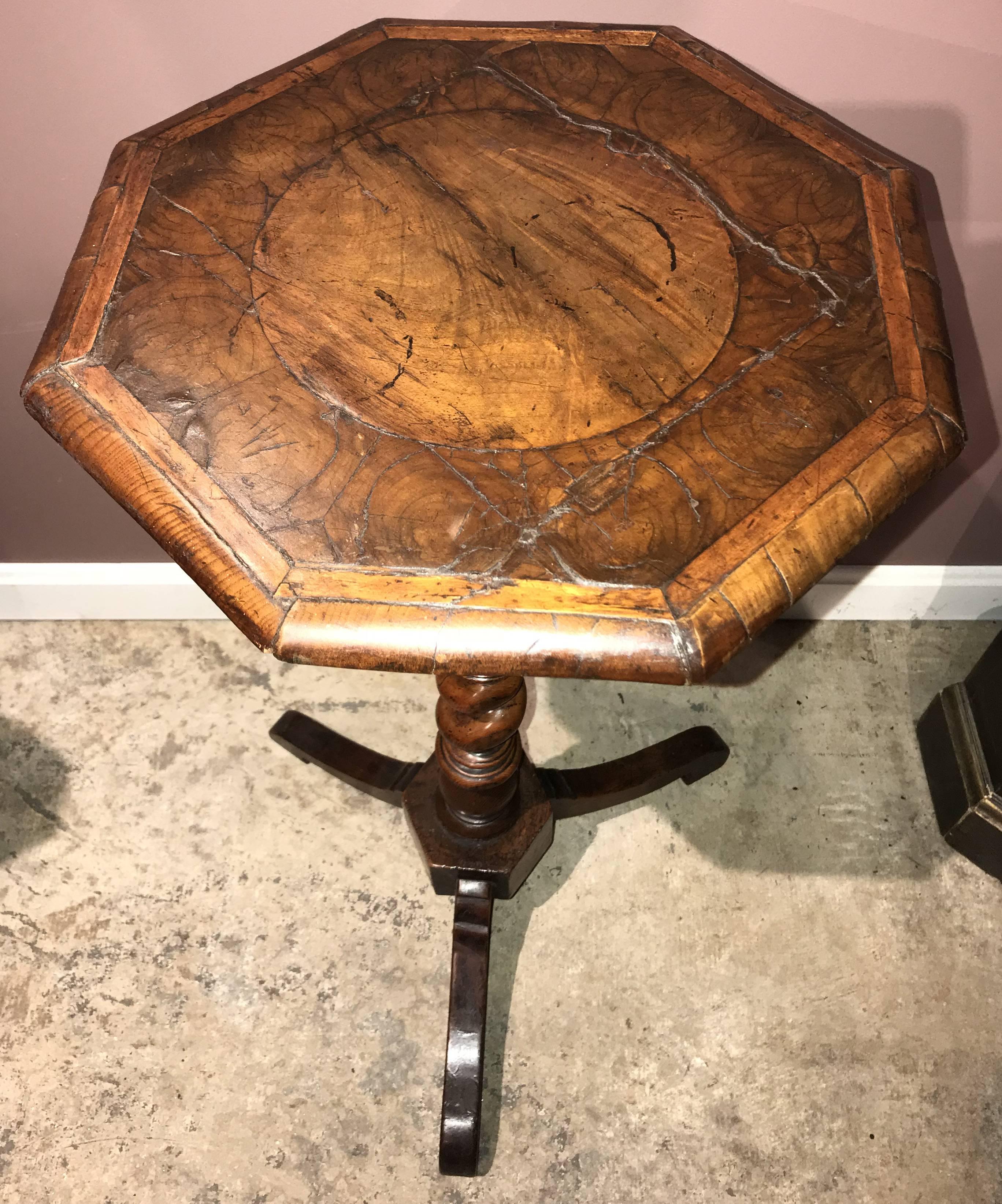 Carved English Walnut Octagonal Top Candle Stand with Marquetry, circa 1680-1710