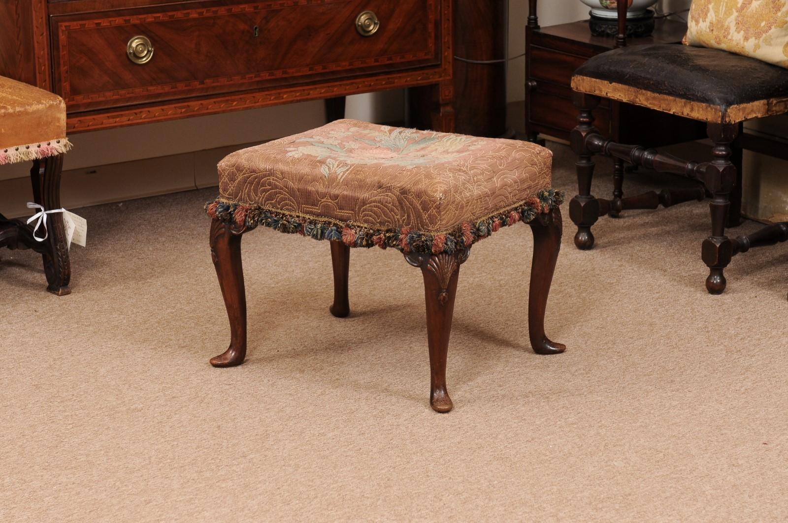  English Walnut Queen Anne Style Stool with Needlepoint For Sale 5