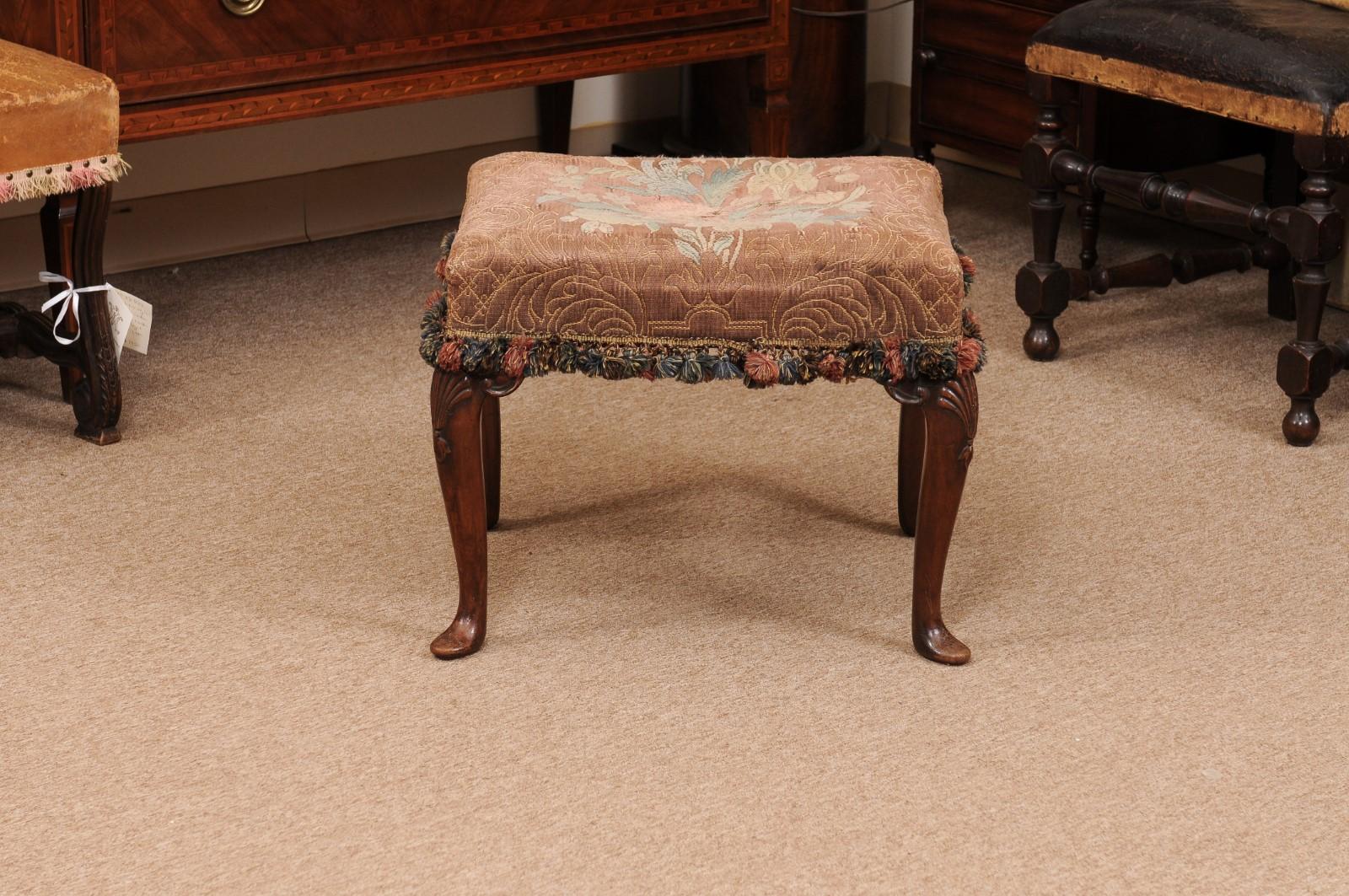  English Walnut Queen Anne Style Stool with Needlepoint For Sale 6