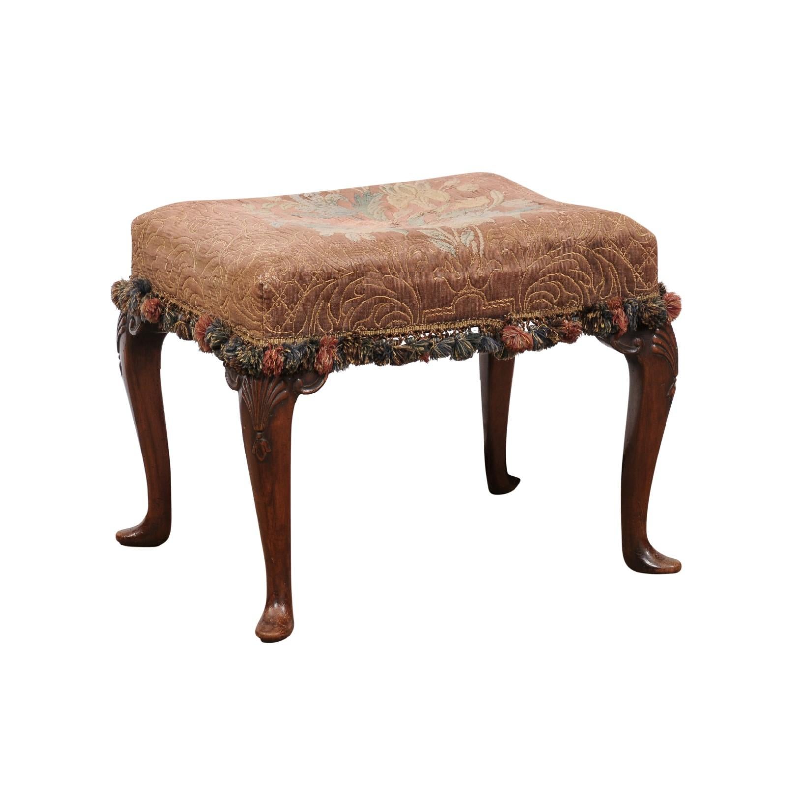  English Walnut Queen Anne Style Stool with Needlepoint For Sale 7
