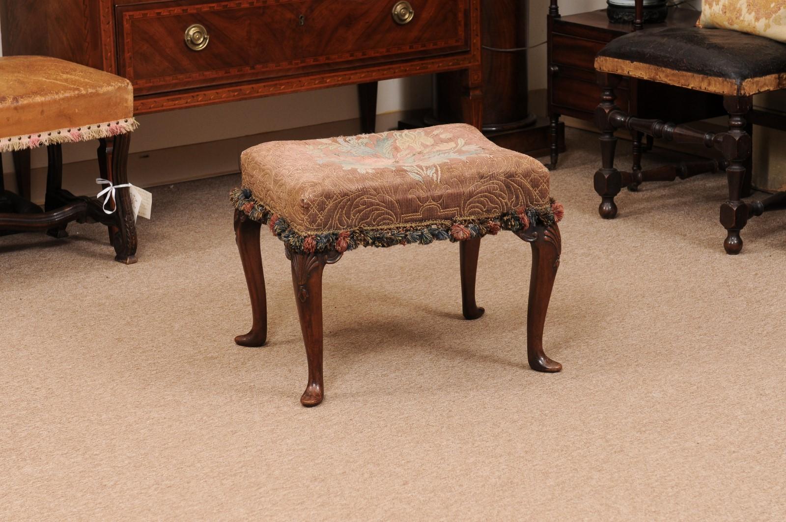 English Walnut Queen Anne Style Stool with Needlepoint, Early 20th Century