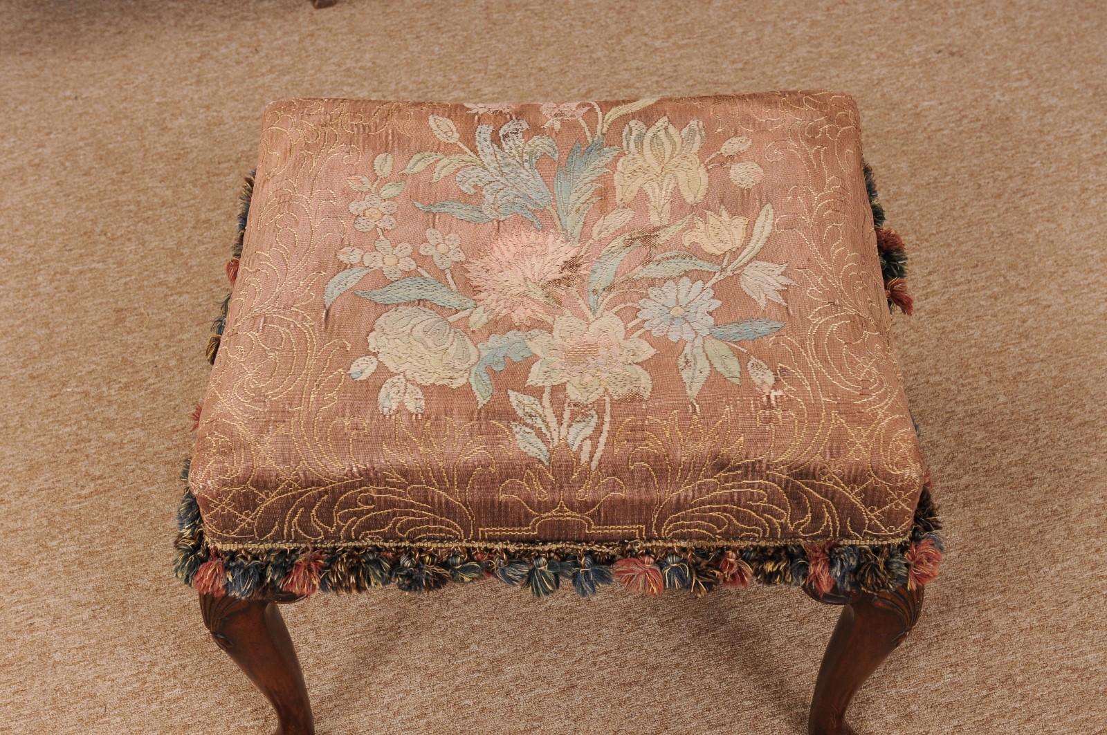 20th Century  English Walnut Queen Anne Style Stool with Needlepoint For Sale