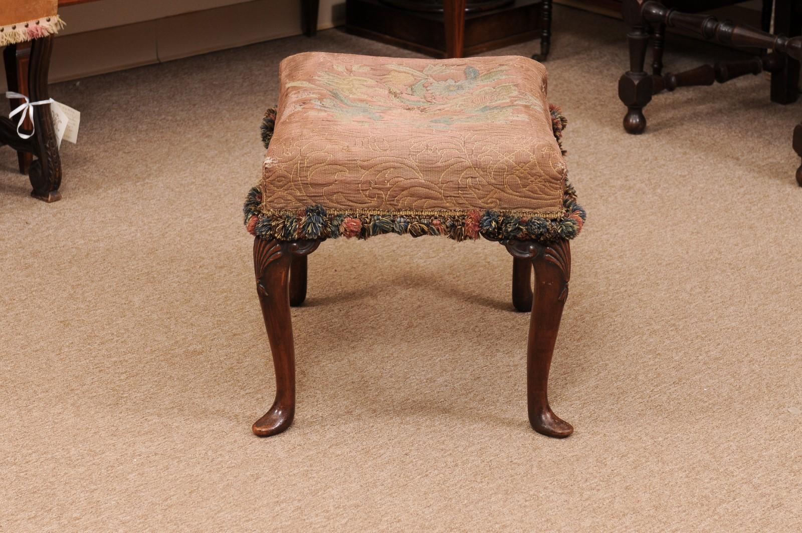 Upholstery  English Walnut Queen Anne Style Stool with Needlepoint For Sale