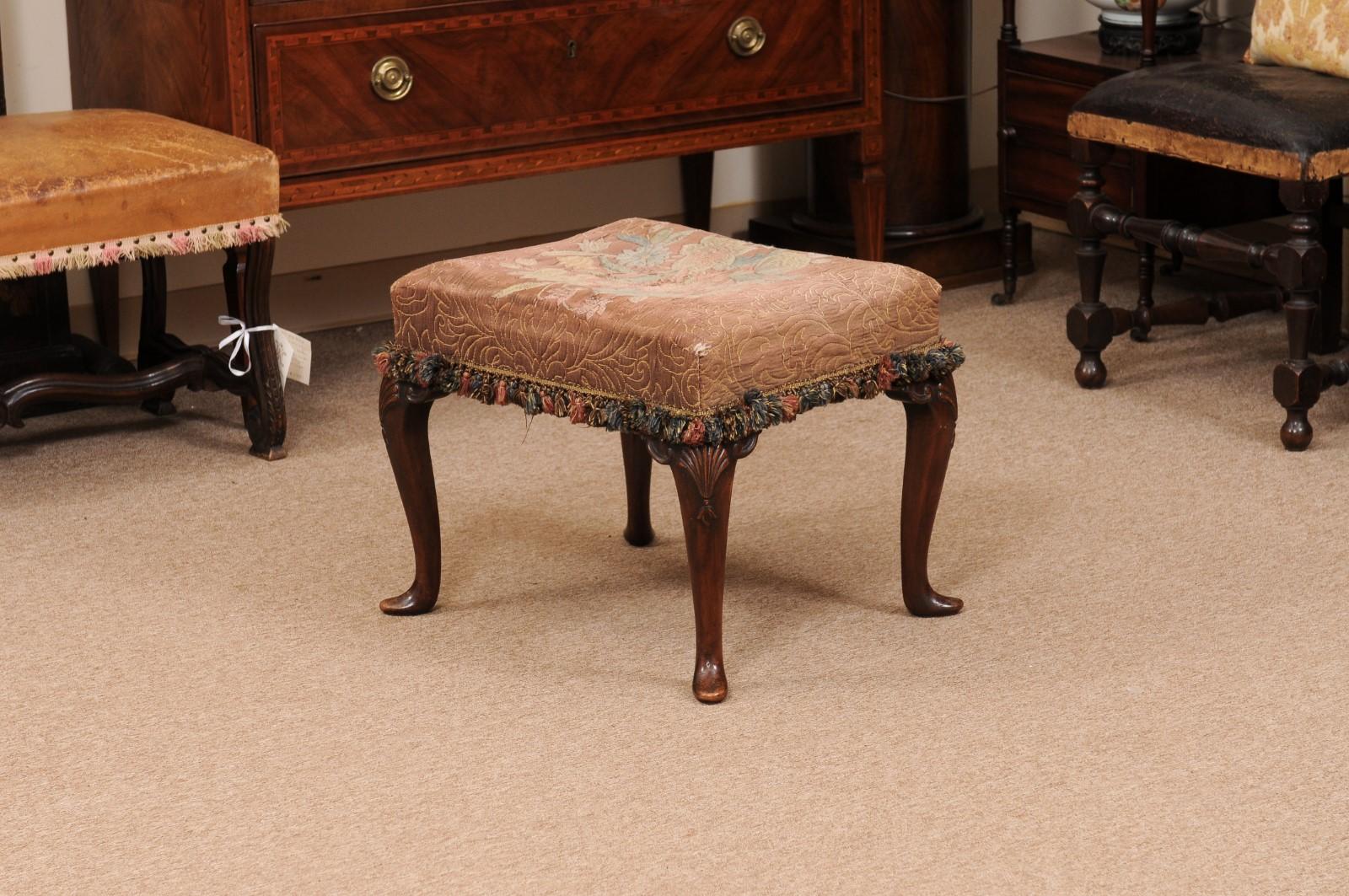  English Walnut Queen Anne Style Stool with Needlepoint For Sale 1