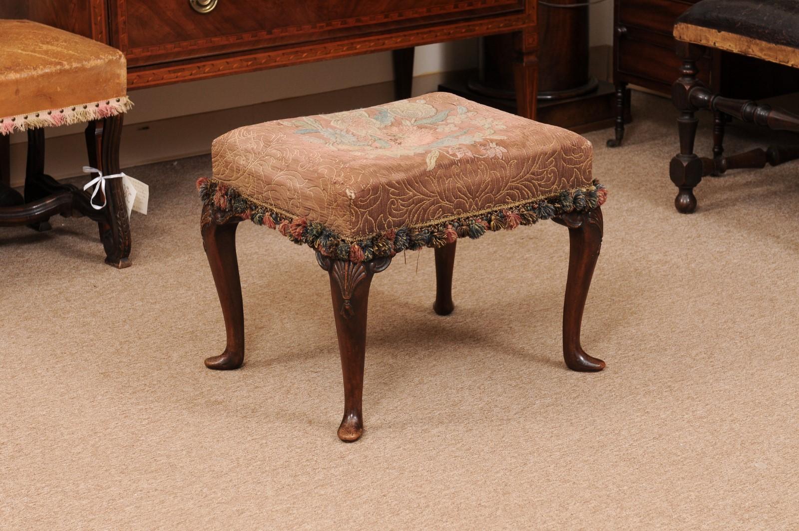  English Walnut Queen Anne Style Stool with Needlepoint For Sale 3