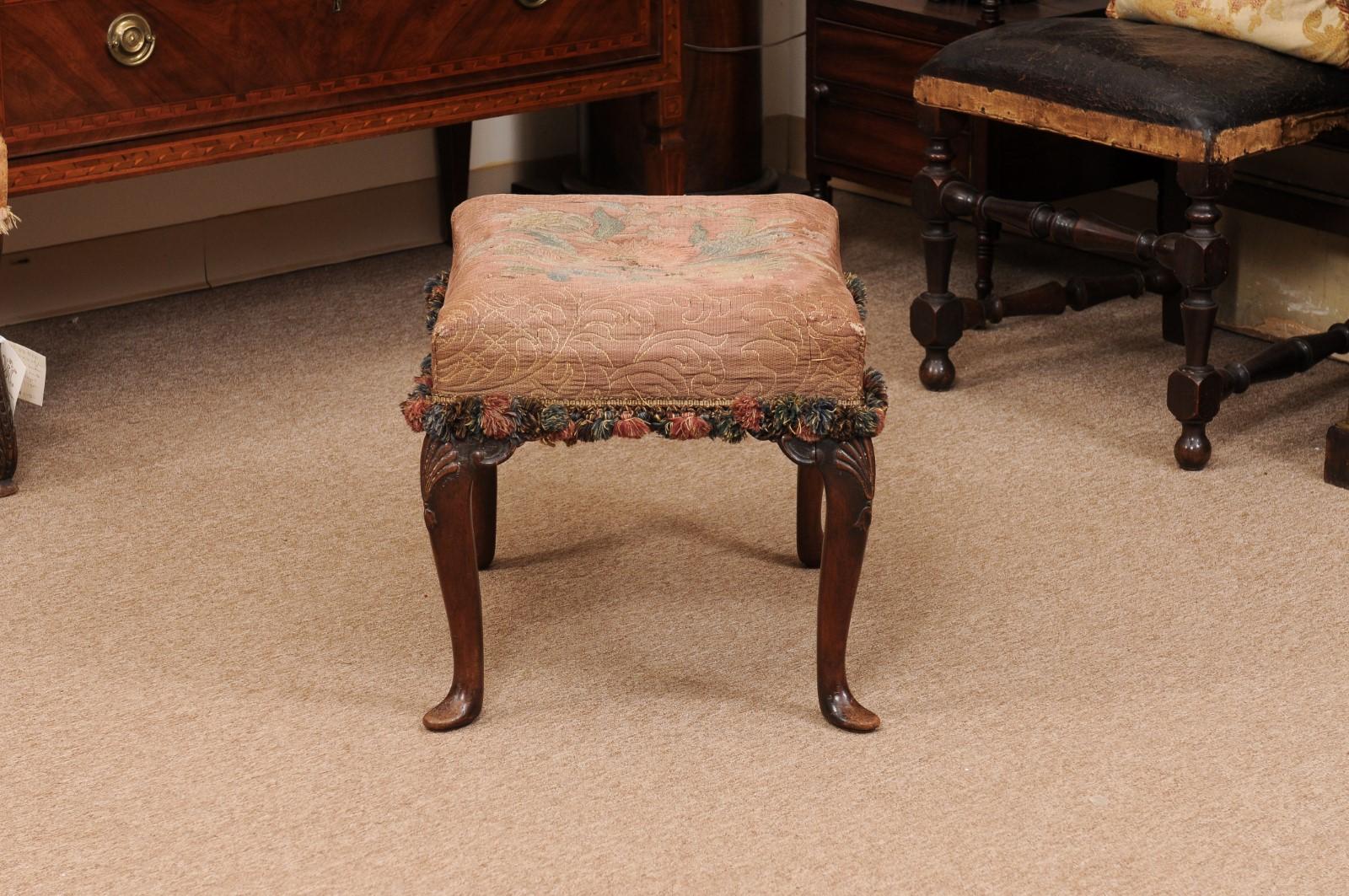  English Walnut Queen Anne Style Stool with Needlepoint For Sale 4