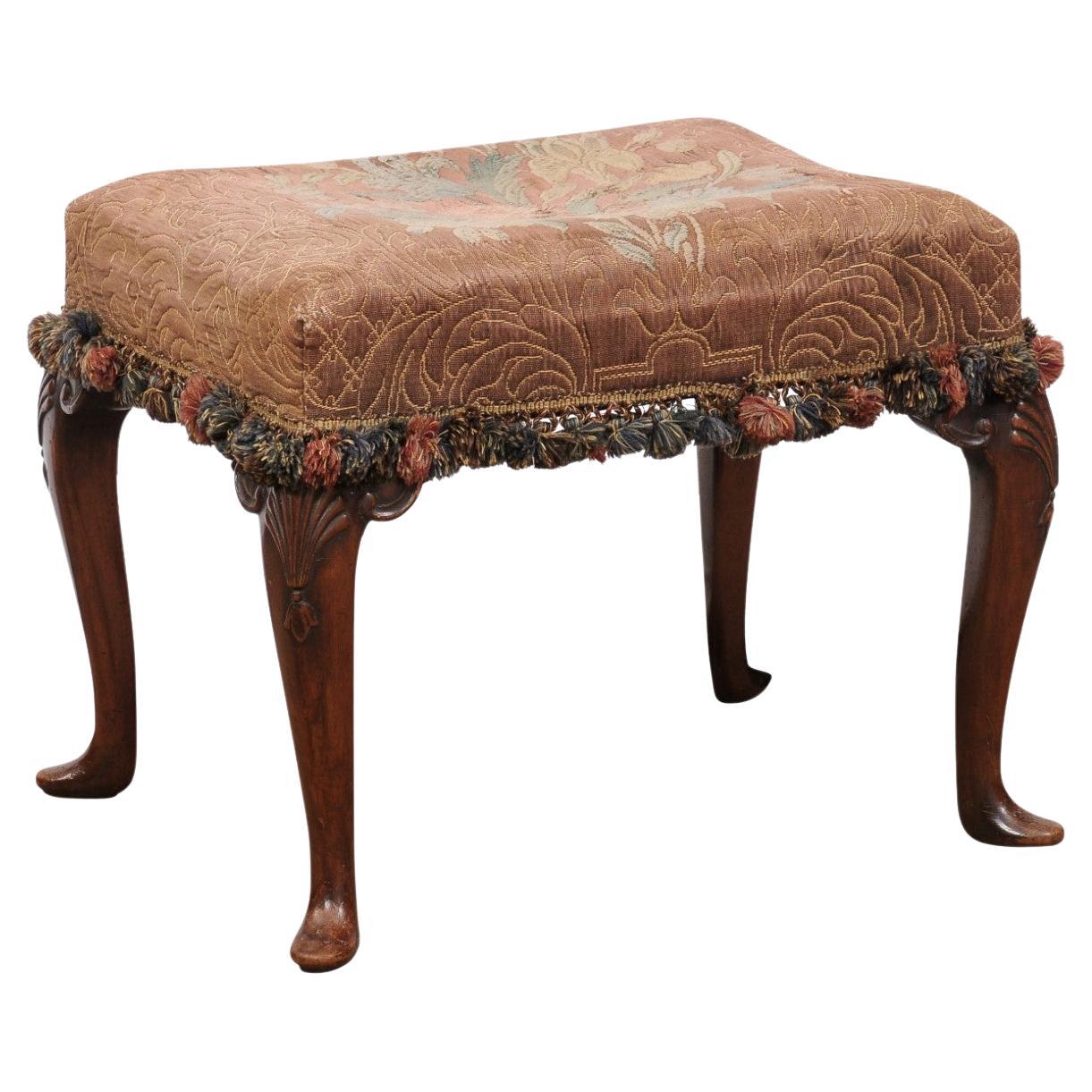  English Walnut Queen Anne Style Stool with Needlepoint For Sale