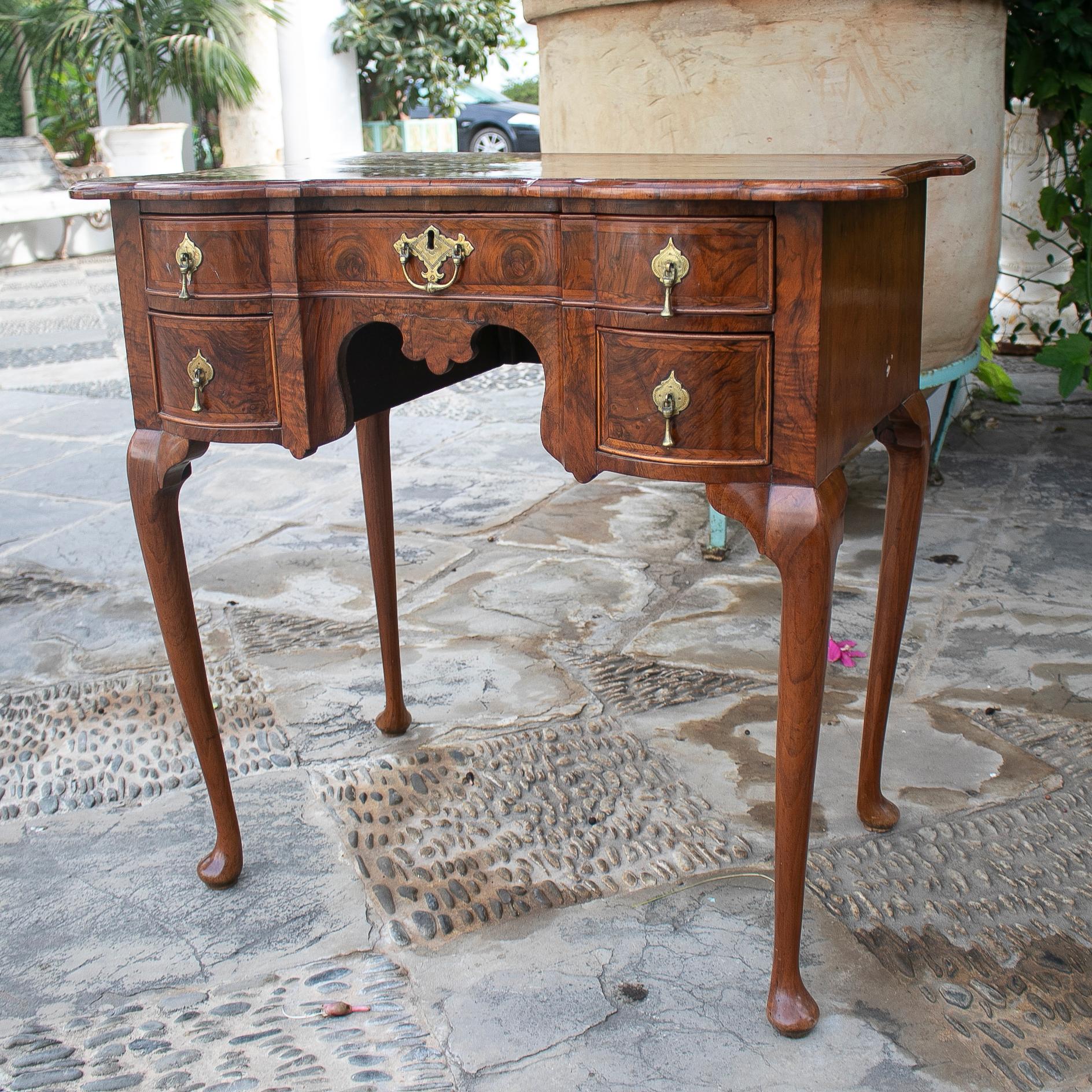 Spanish English Walnut Root Desk with Drawers and Bronze Decorations For Sale