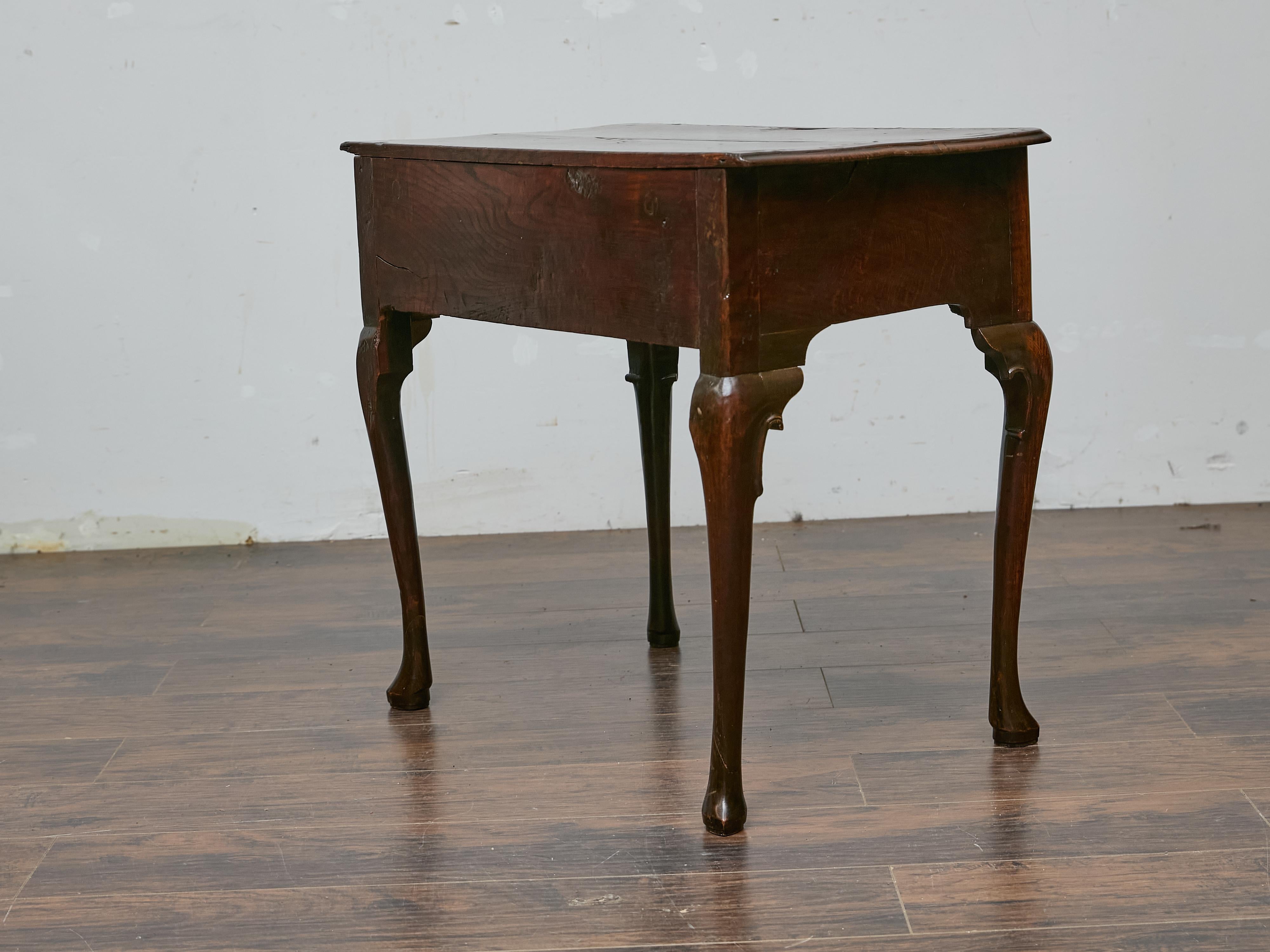 Brass English Walnut Side Table, Circa 1800, with Drawer and Cabriole Legs For Sale
