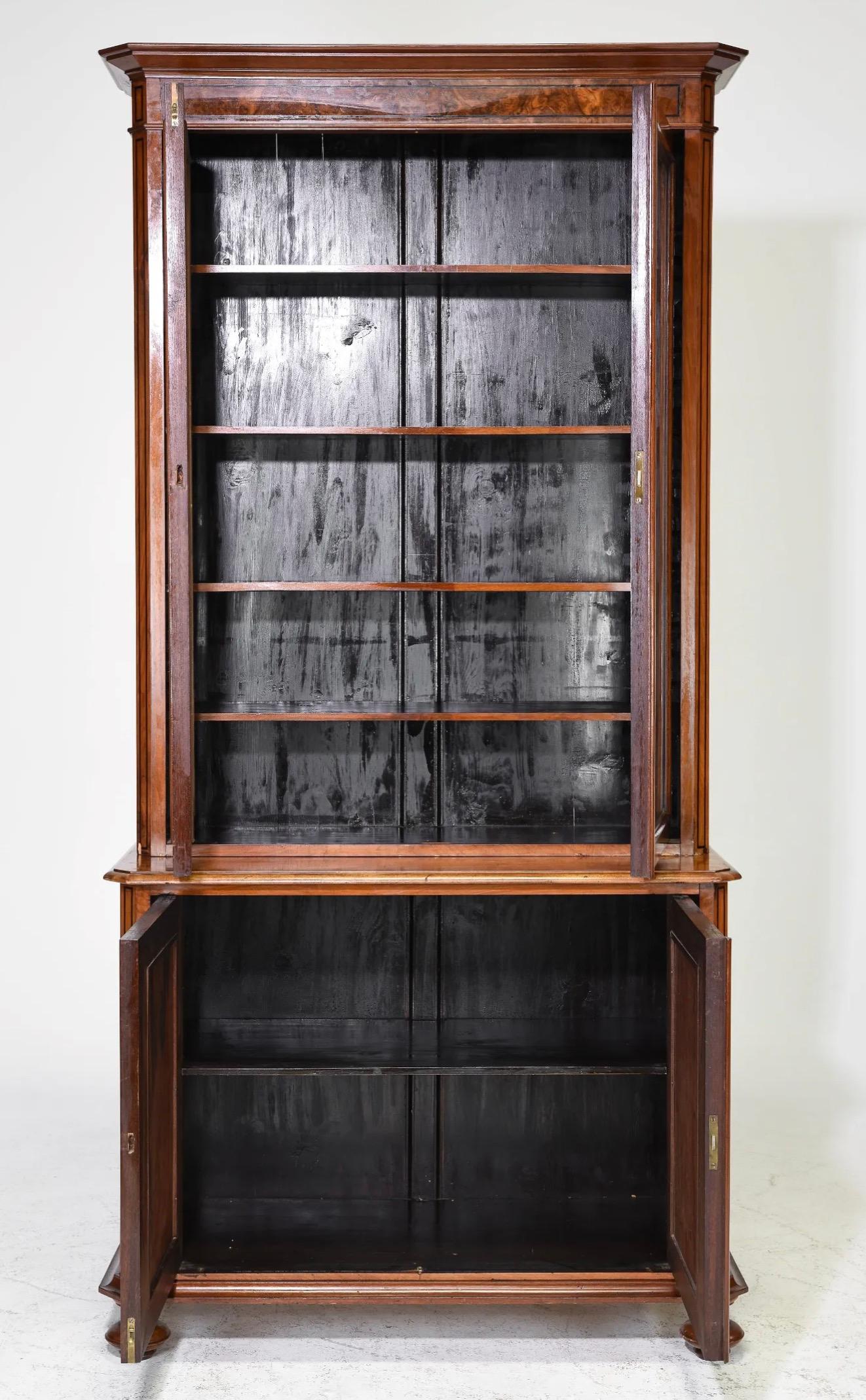 Neoclassical English Walnut Stepback Bookcase For Sale
