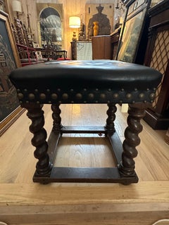English Walnut Stool, Barley Twist Legs With Stretchers Raised On Bun Feet
