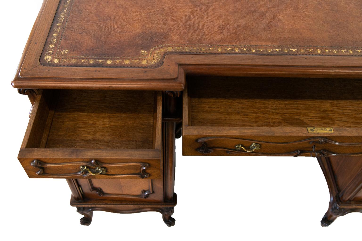 Brass English Walnut Two Pedestal Desk For Sale