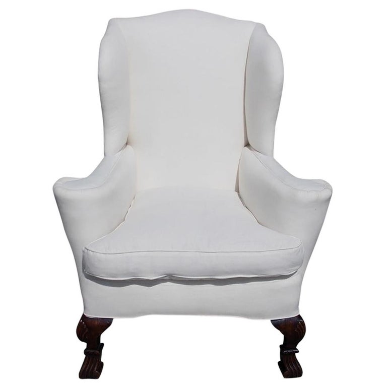English Walnut Upholstered Wing Back Chair with Shell Knee and Spanish Feet C 1760 For Sale at