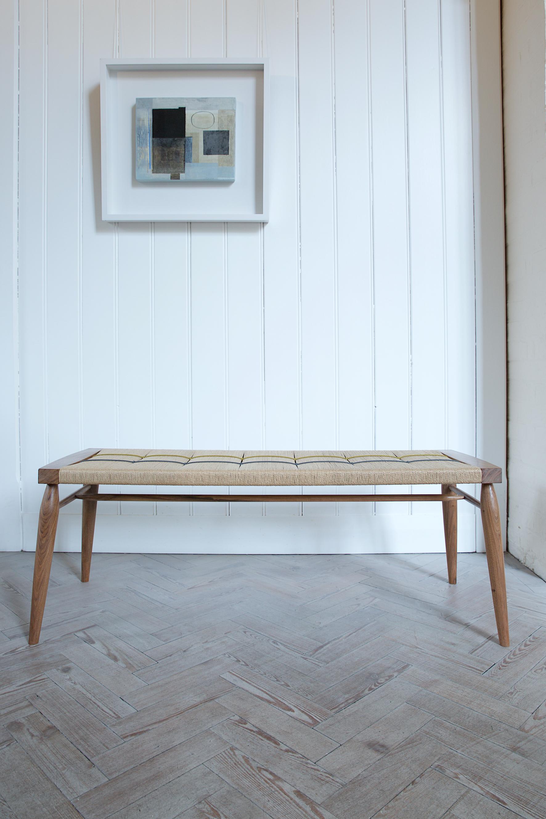 Traditionally made woven bench with a contemporary Danish cord and coloured waxed cord weave. 

Completely handmade to order, each bench is configured to size and material to suit the function and room setting. Using traditional cabinet making