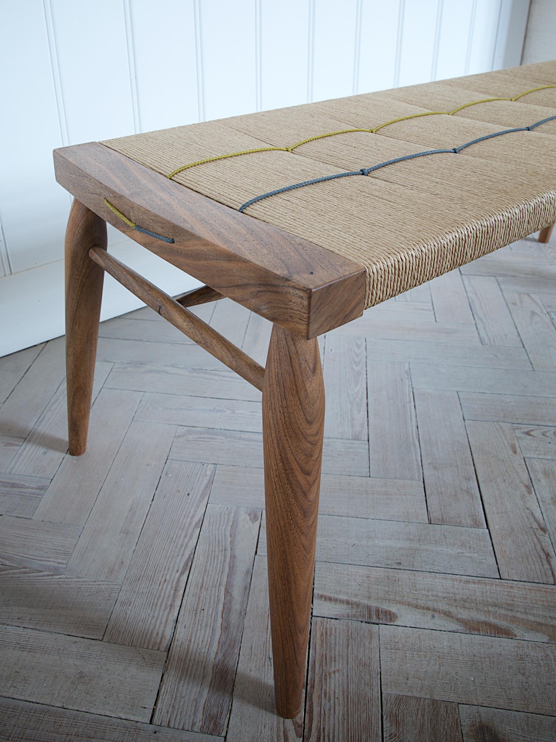 British English Walnut Woven Bench with Danish Cord and Coloured Wax Cord For Sale