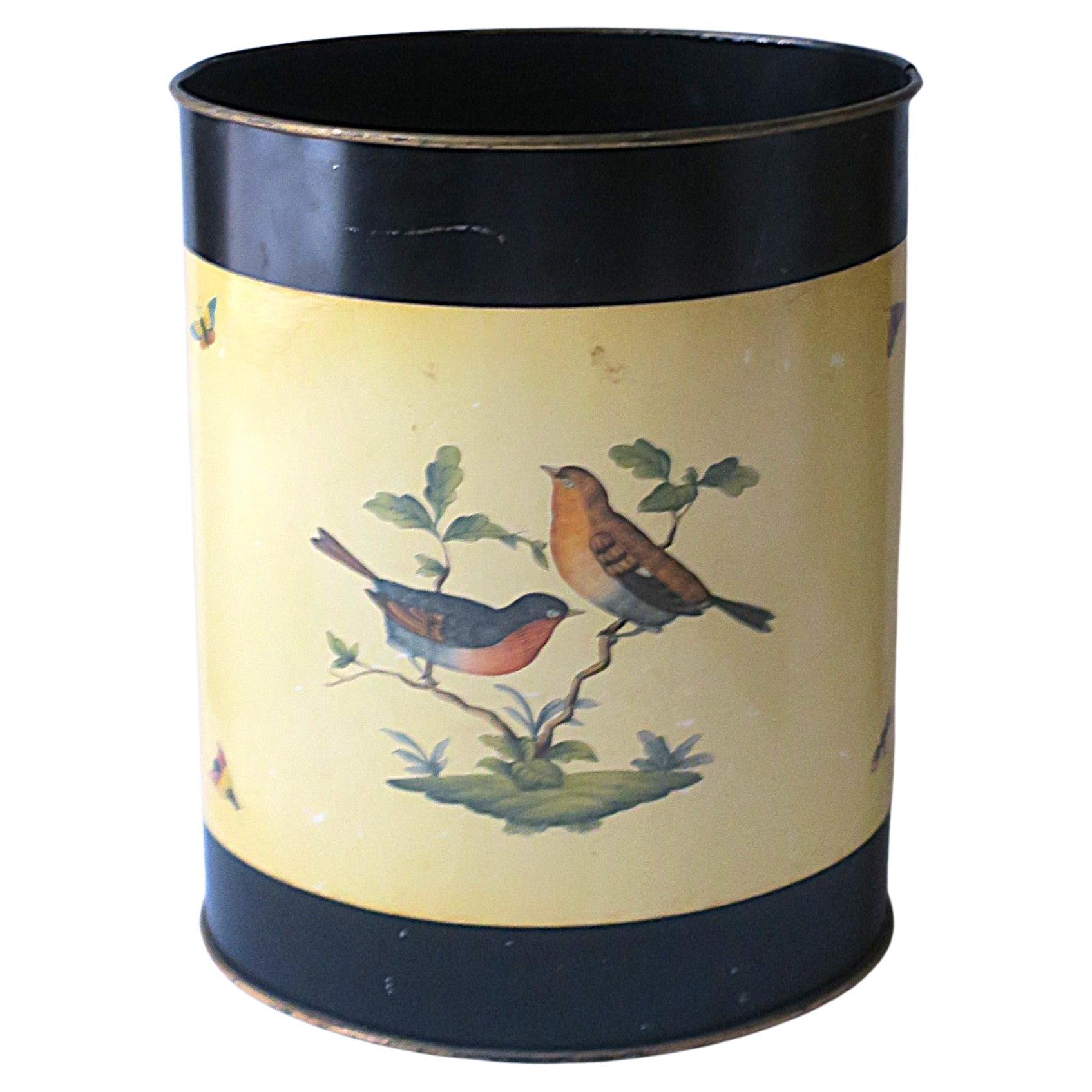 English Wastebasket Trash Can Bird Design