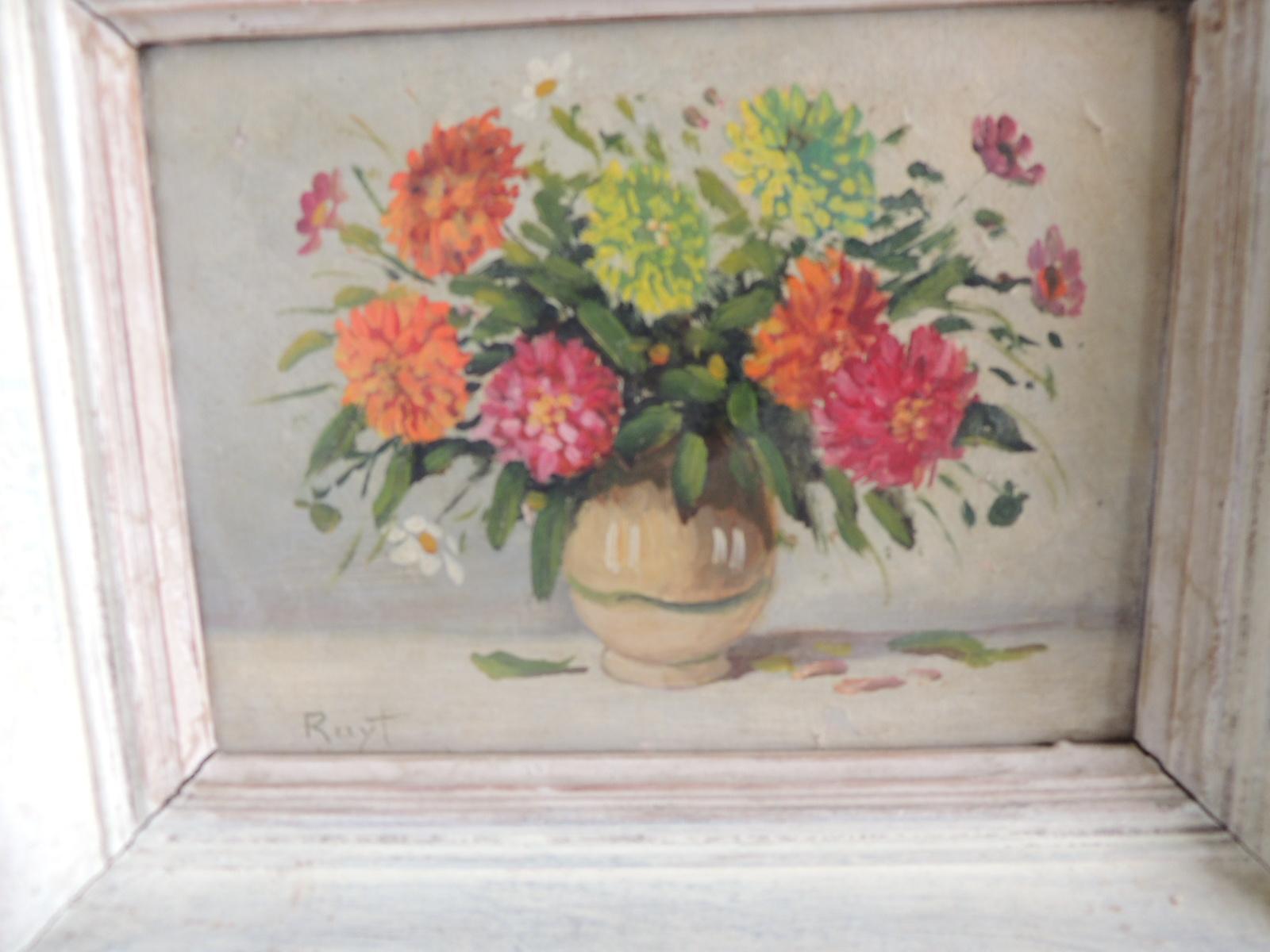 Country English Watercolor of Flowers Arrangement on Vase
