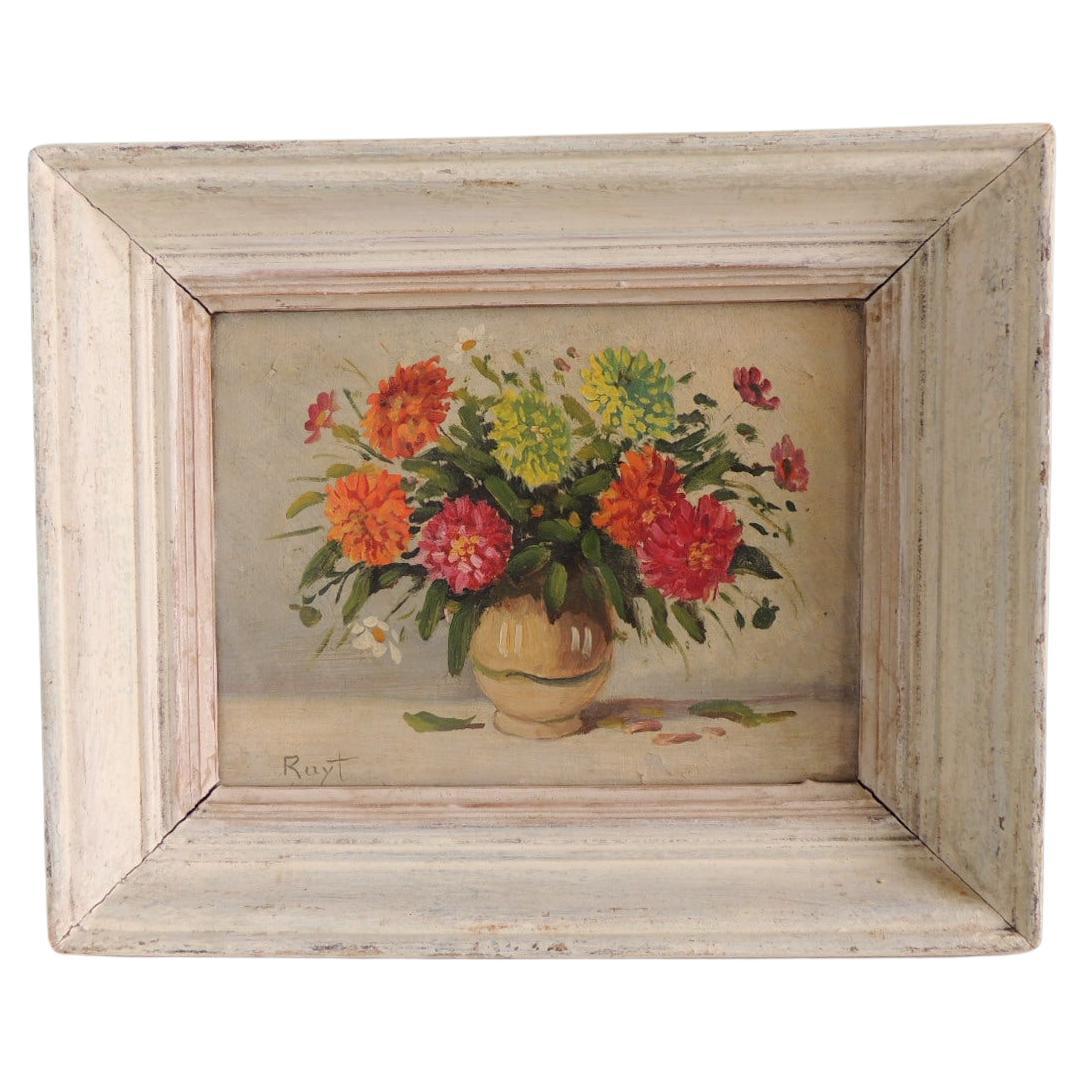 English Watercolor of Flowers Arrangement on Vase