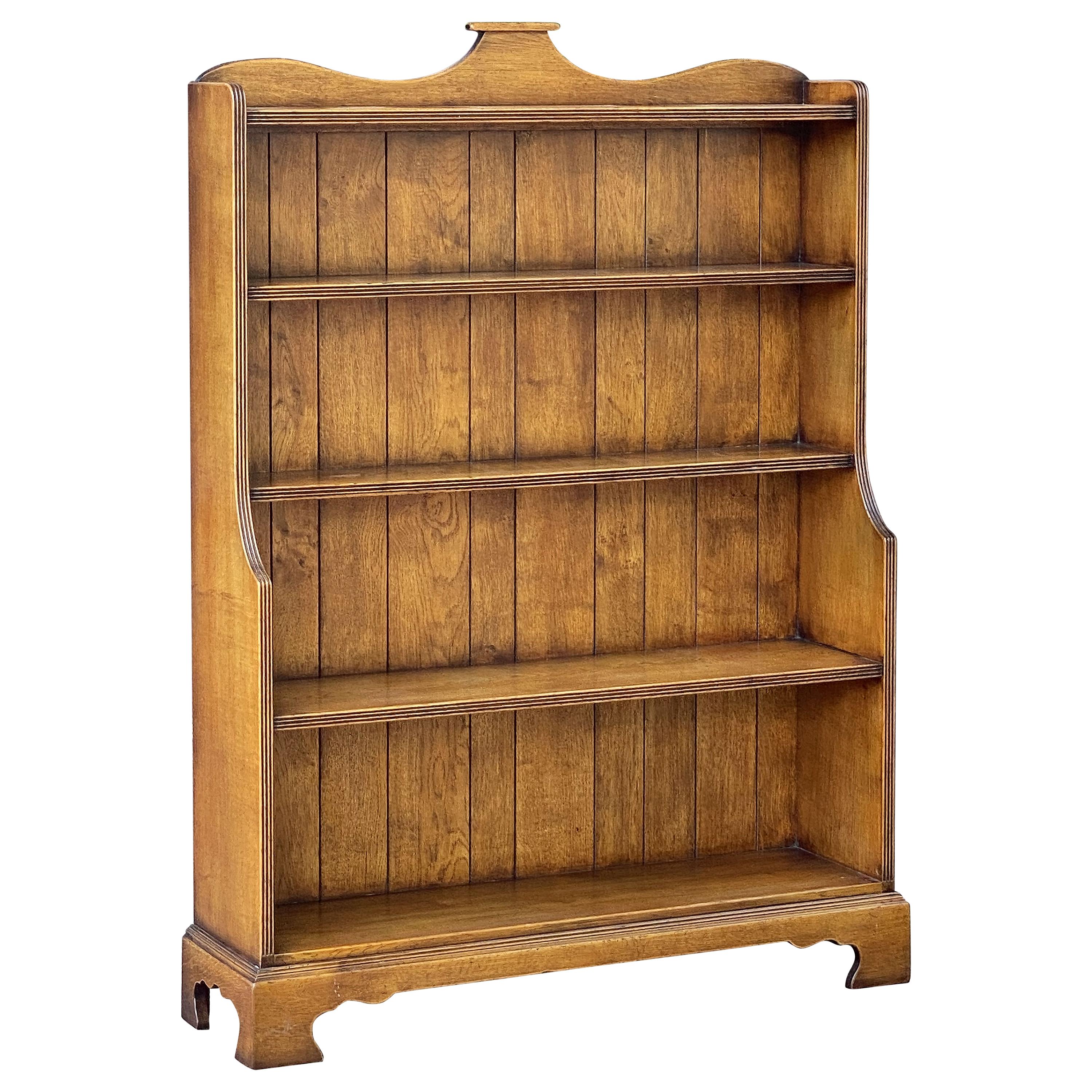 English Waterfall Style Open Bookcase with Five Shelves of Oak For Sale