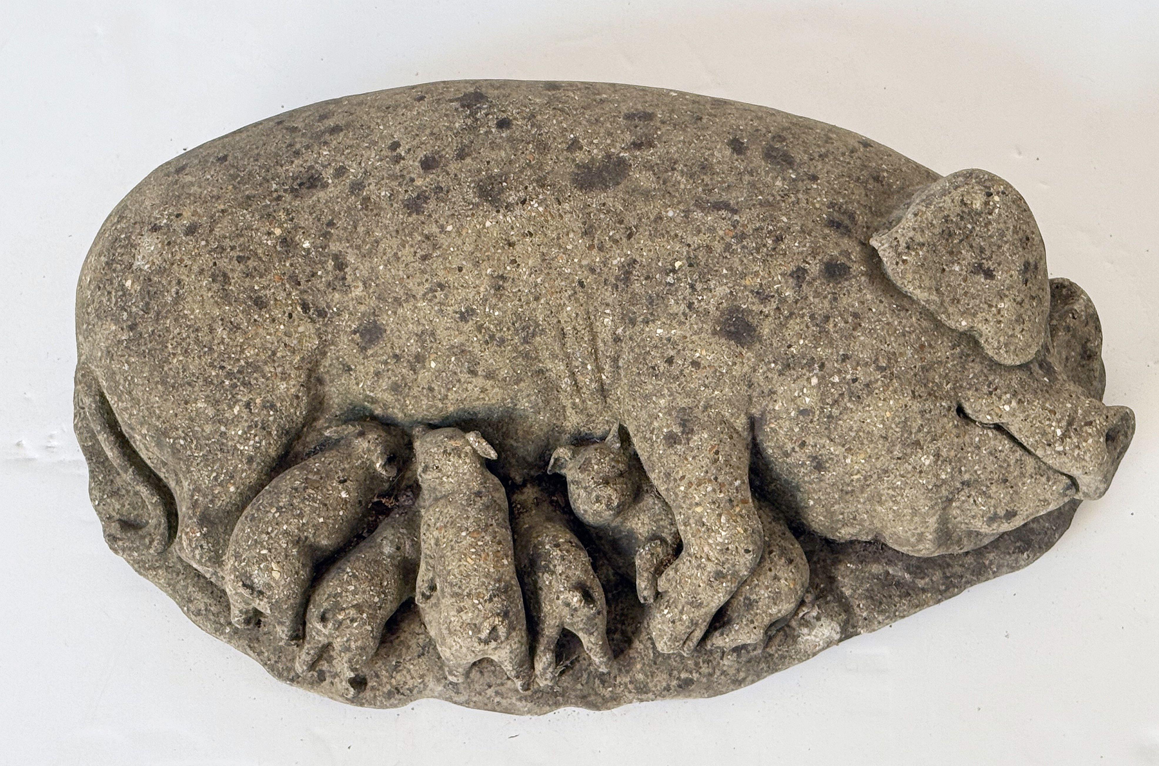 Cast English Weathered Garden Stone Pig with Piglets Sculpture For Sale