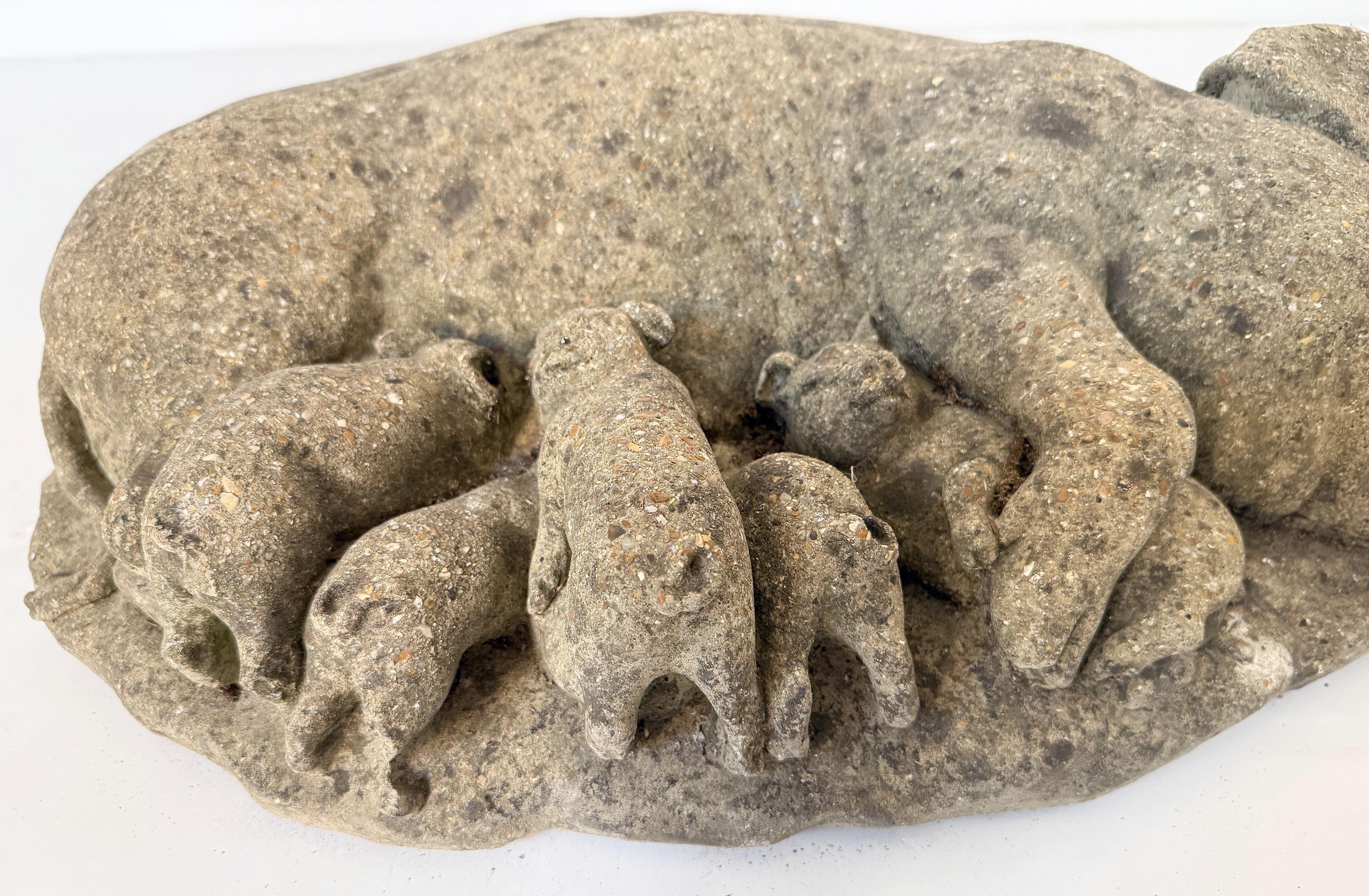 20th Century English Weathered Garden Stone Pig with Piglets Sculpture For Sale