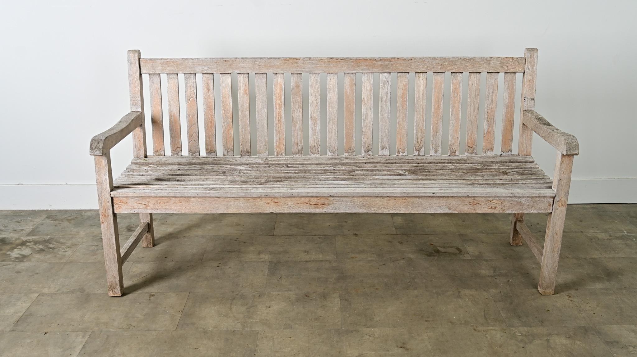 This simple and inviting three-seat teak wood bench from Lindsey of England makes the perfect welcome for a front porch or respite in a garden, designed to withstand public and residential use. Crafted from sustainably grown and harvested