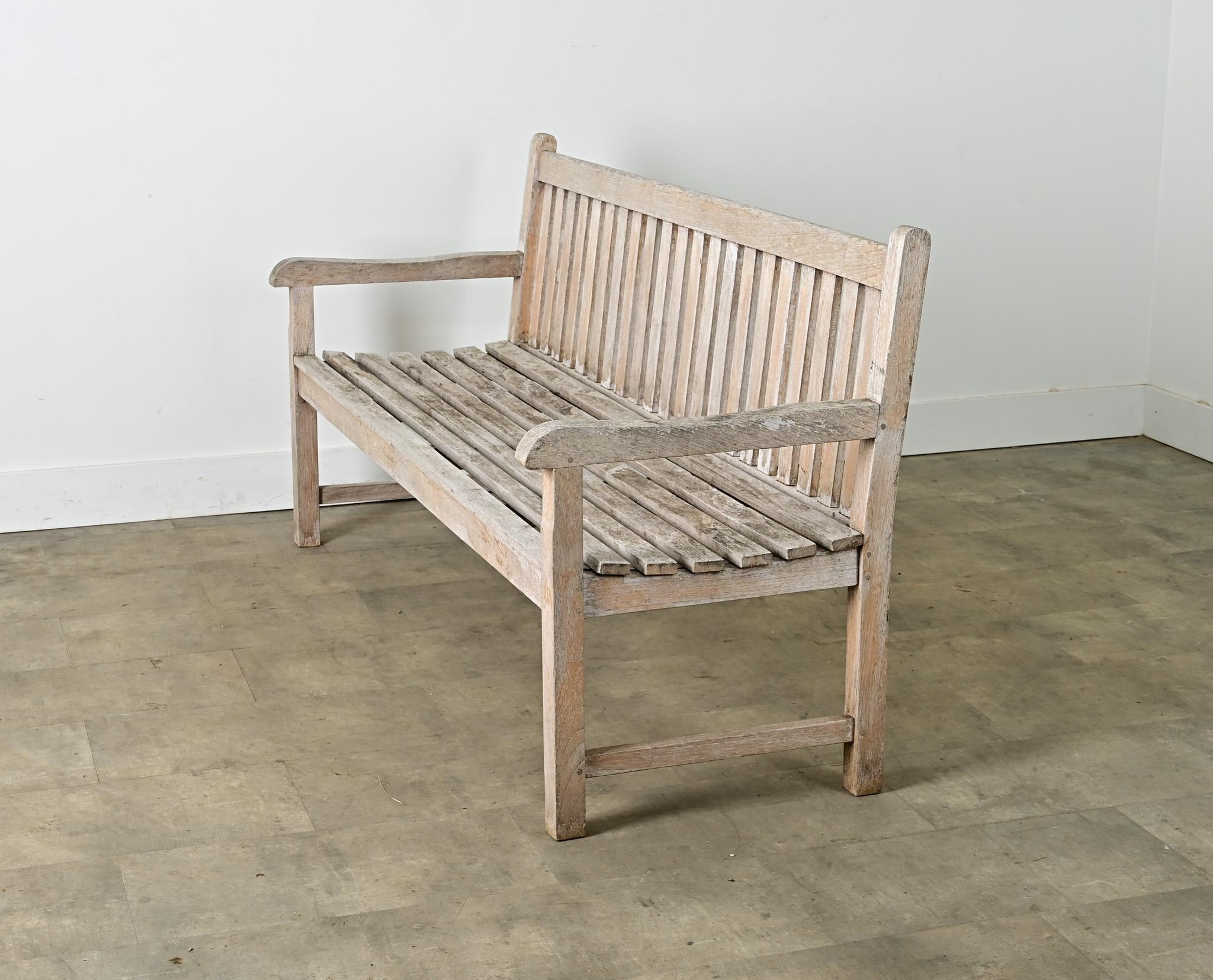 Contemporary English Weathered Teak Garden Bench For Sale