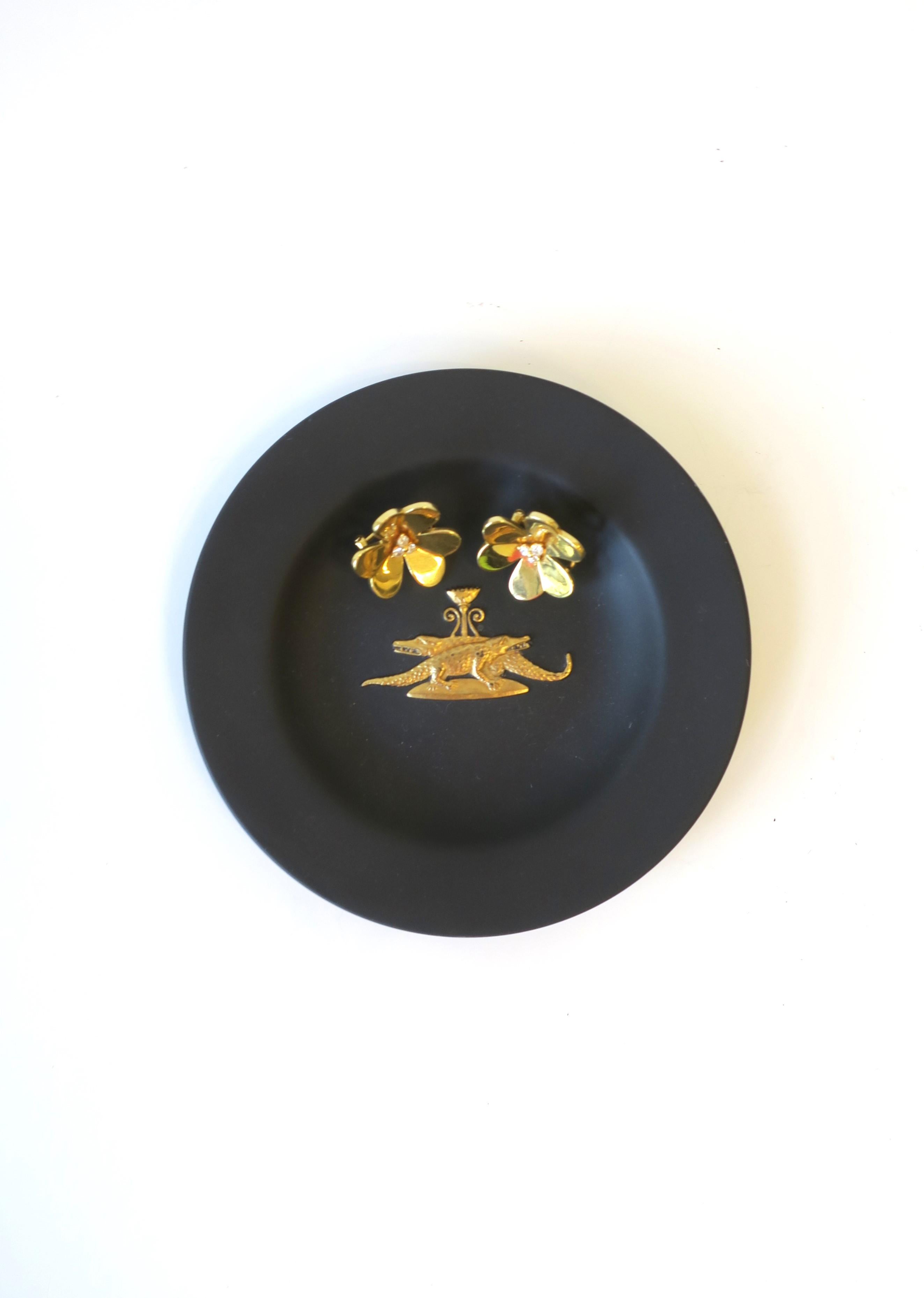 Unglazed English Wedgwood Black Basalt and Gold Jewelry Dish Neoclassical Revival